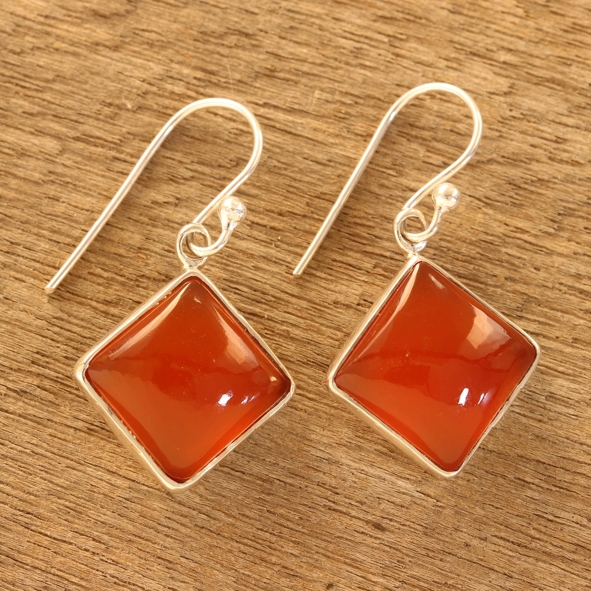 Honey Squares Square Carnelian Dangle Earrings from India - Image 3