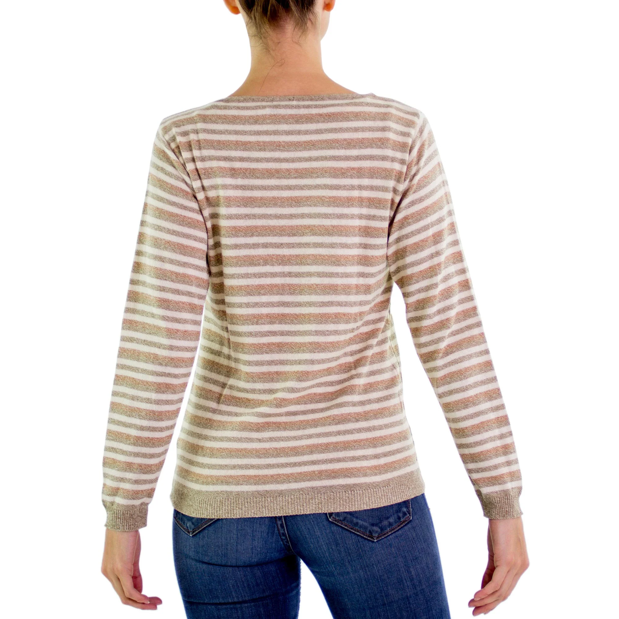 Horizon Women's Cotton Sweater with Ivory Jade Brown Stripes - Image 3