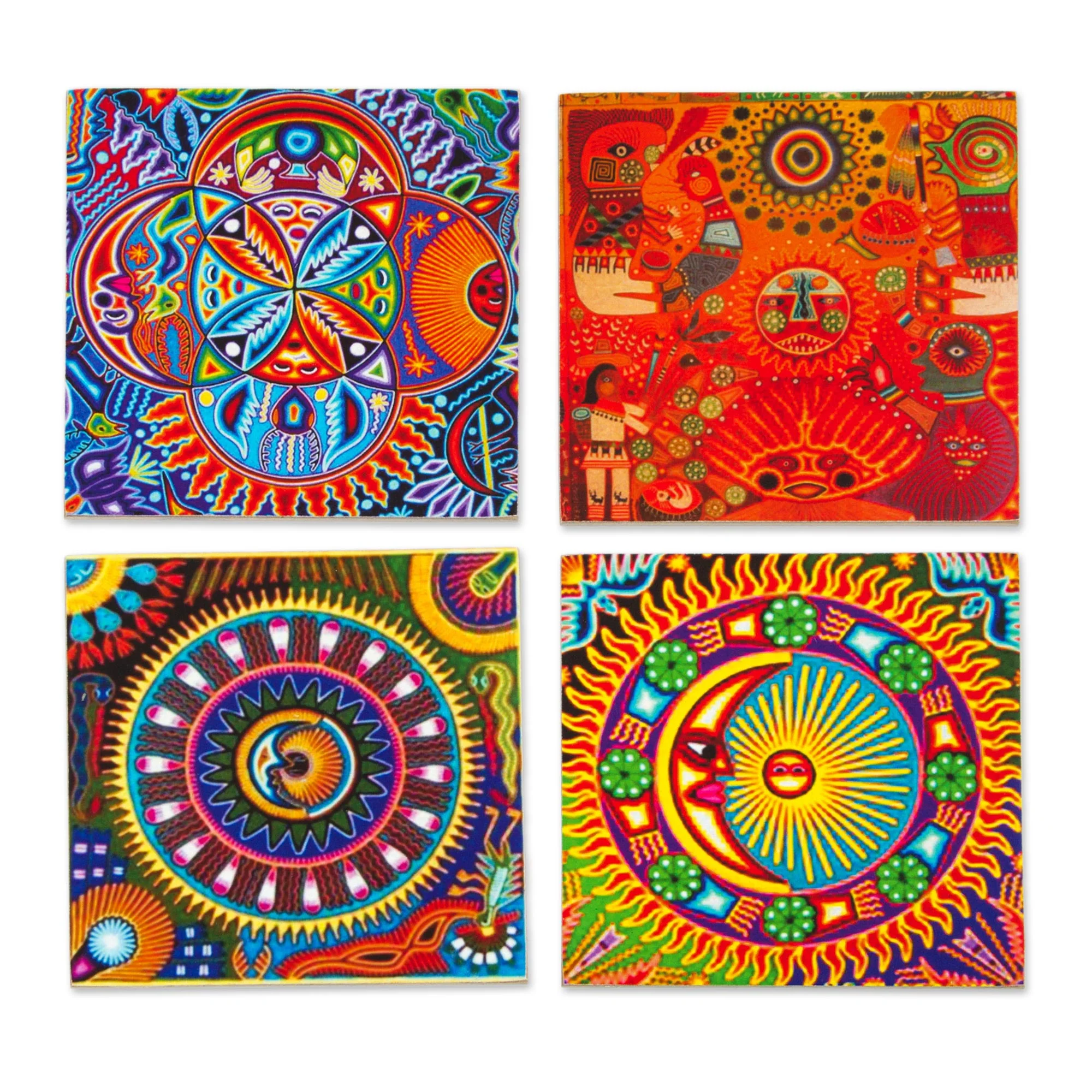 Huichol Sun and Moon Four Decoupage Pinewood Mexican Sun and Moon Motif Coasters - Image 5