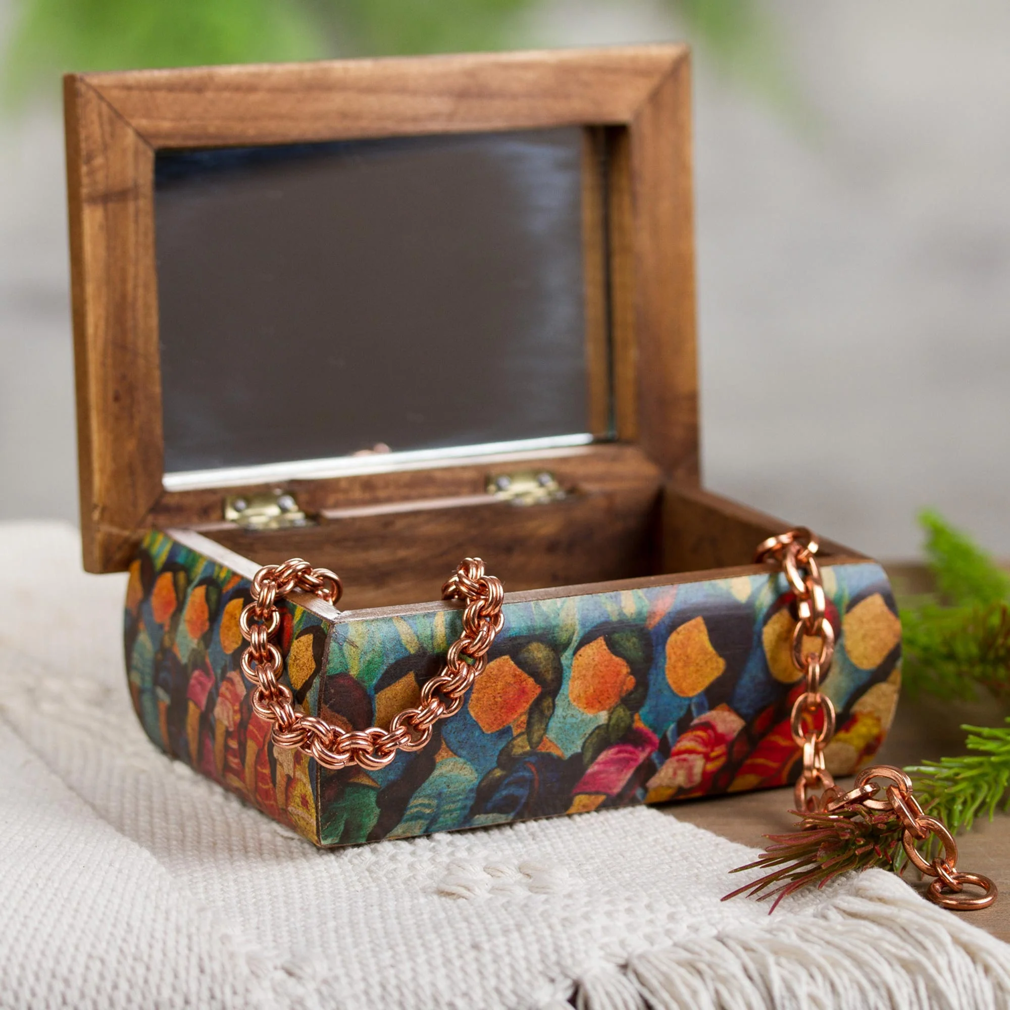 Huichol Women Huichol Women on Wood Decoupage Jewelry Box with Mirror - Image 3