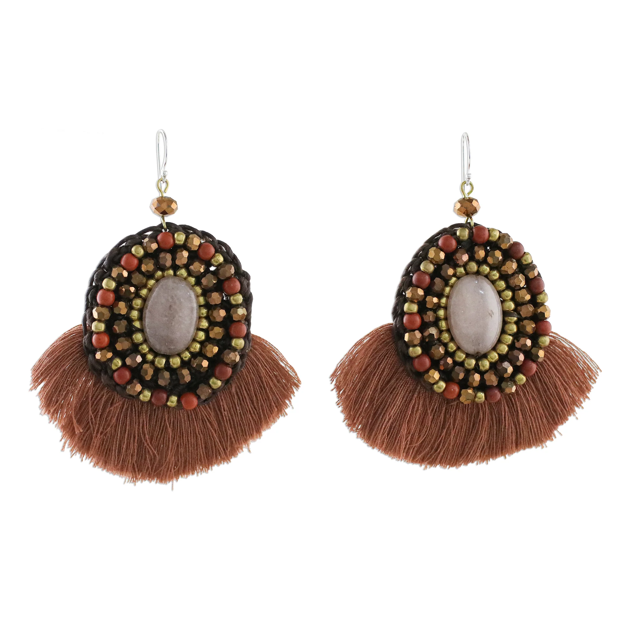 Hula Skirt Brown Fringe Quartz Jasper and Brass Bead Dangle Earrings - Image 2