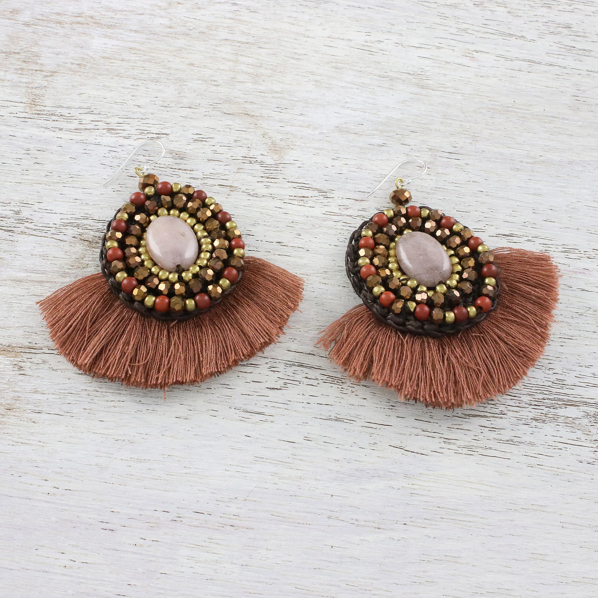 Hula Skirt Brown Fringe Quartz Jasper and Brass Bead Dangle Earrings - Image 3