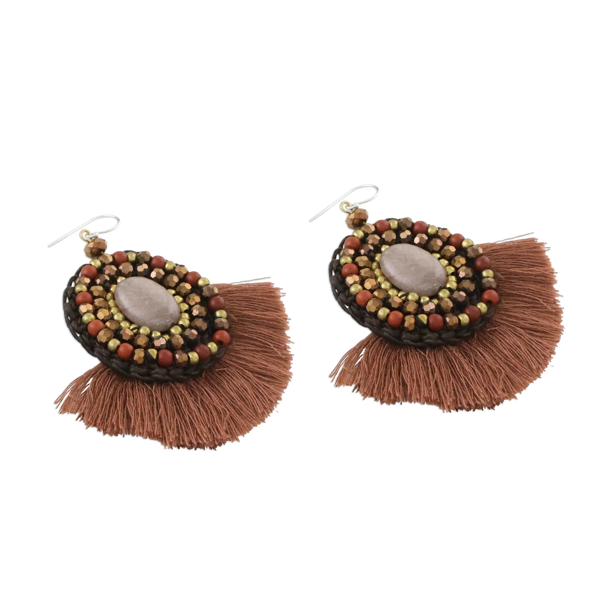 Hula Skirt Brown Fringe Quartz Jasper and Brass Bead Dangle Earrings - Image 4