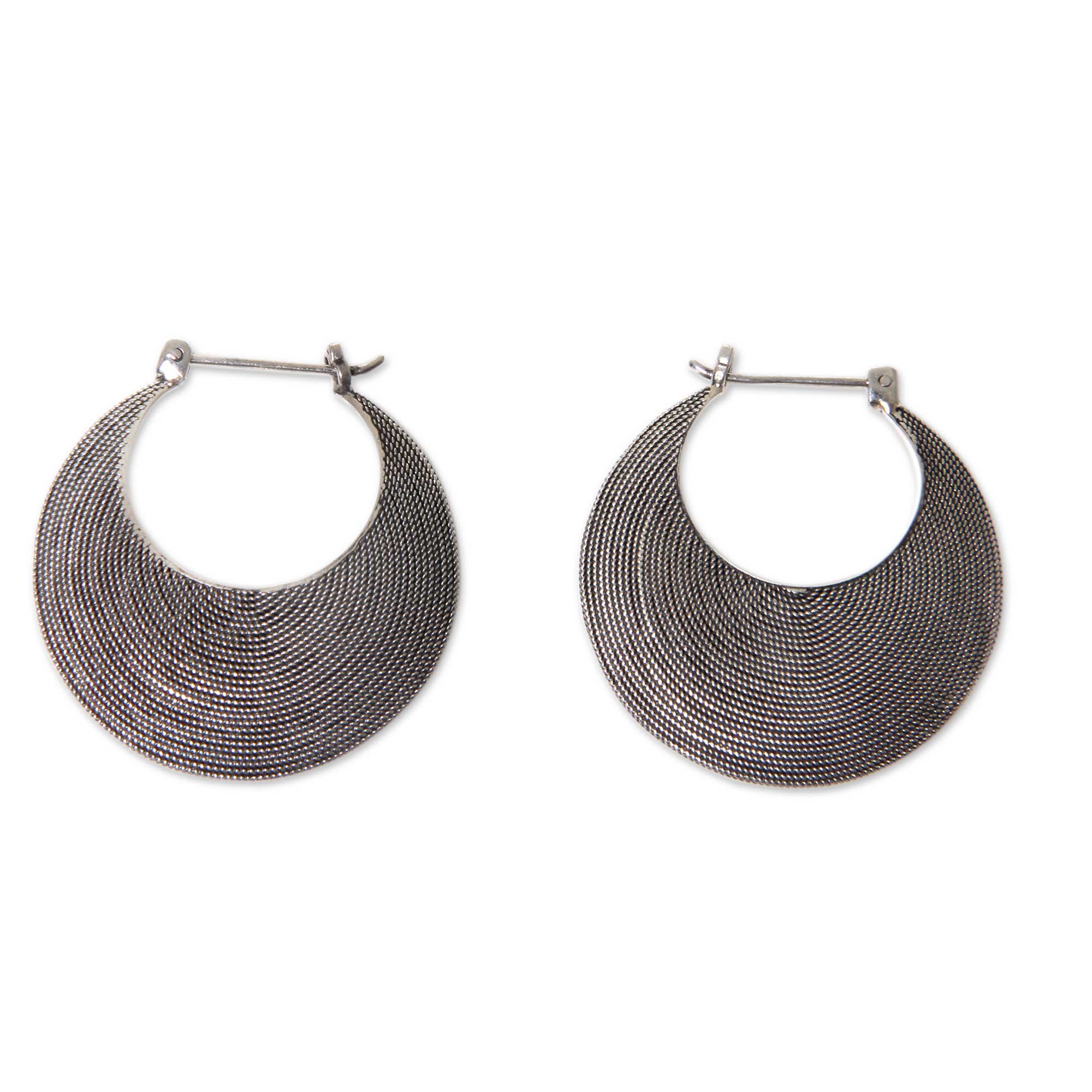 Hypnotic Bali Moon Handmade Textured Sterling Hoop Earrings from Bali - Image 2