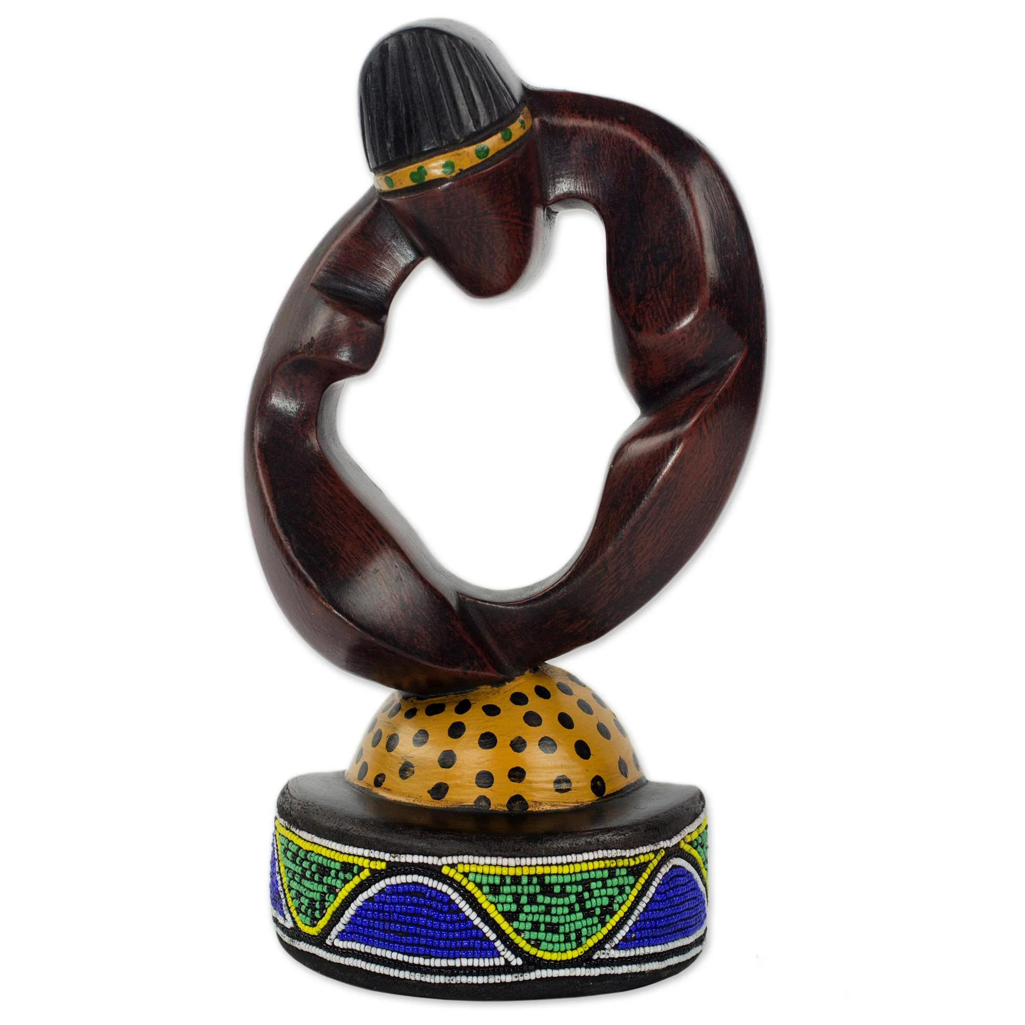 Ikenna Hand Carved Wooden Figure With Colorful Recycled Glass Beads - Image 2