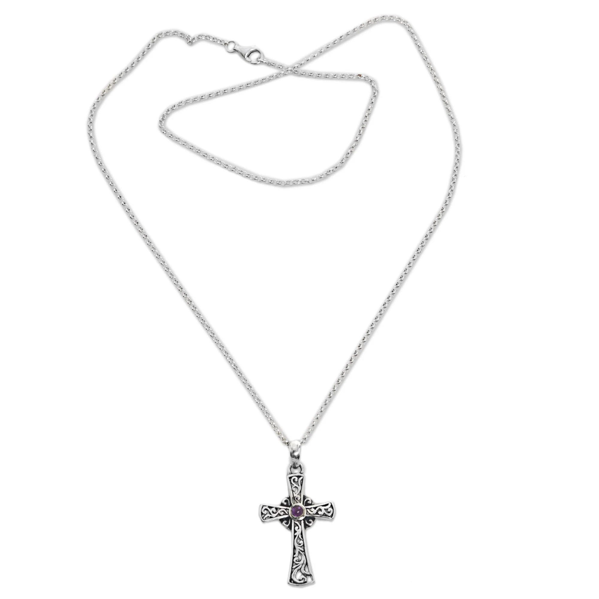 In God We Trust Sterling Silver Amethyst Cross Pendant Necklace Indonesia - Image 3