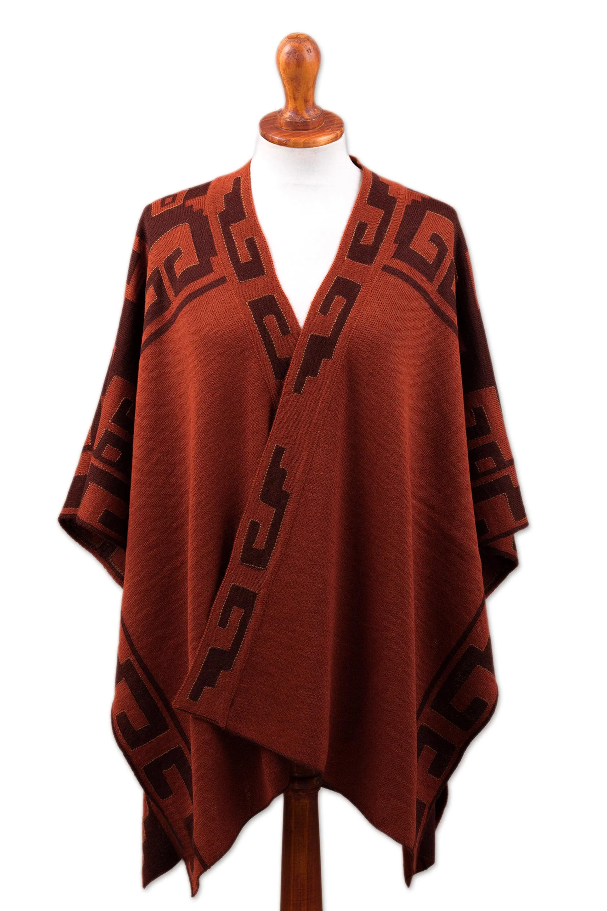 Inca Afternoon in Russet Russet and Black Alpaca Blend Ruana from Peru - Image 2