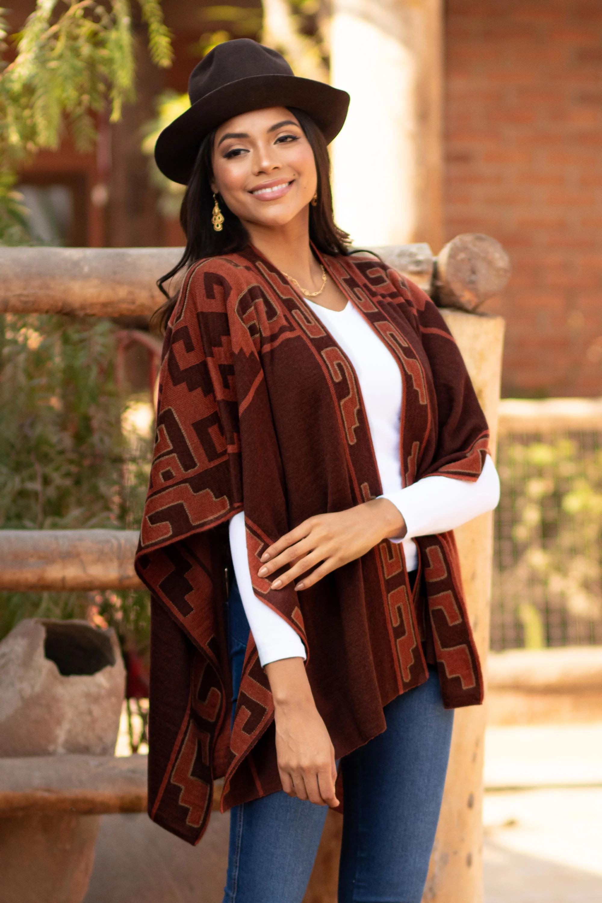 Inca Afternoon in Russet Russet and Black Alpaca Blend Ruana from Peru - Image 3
