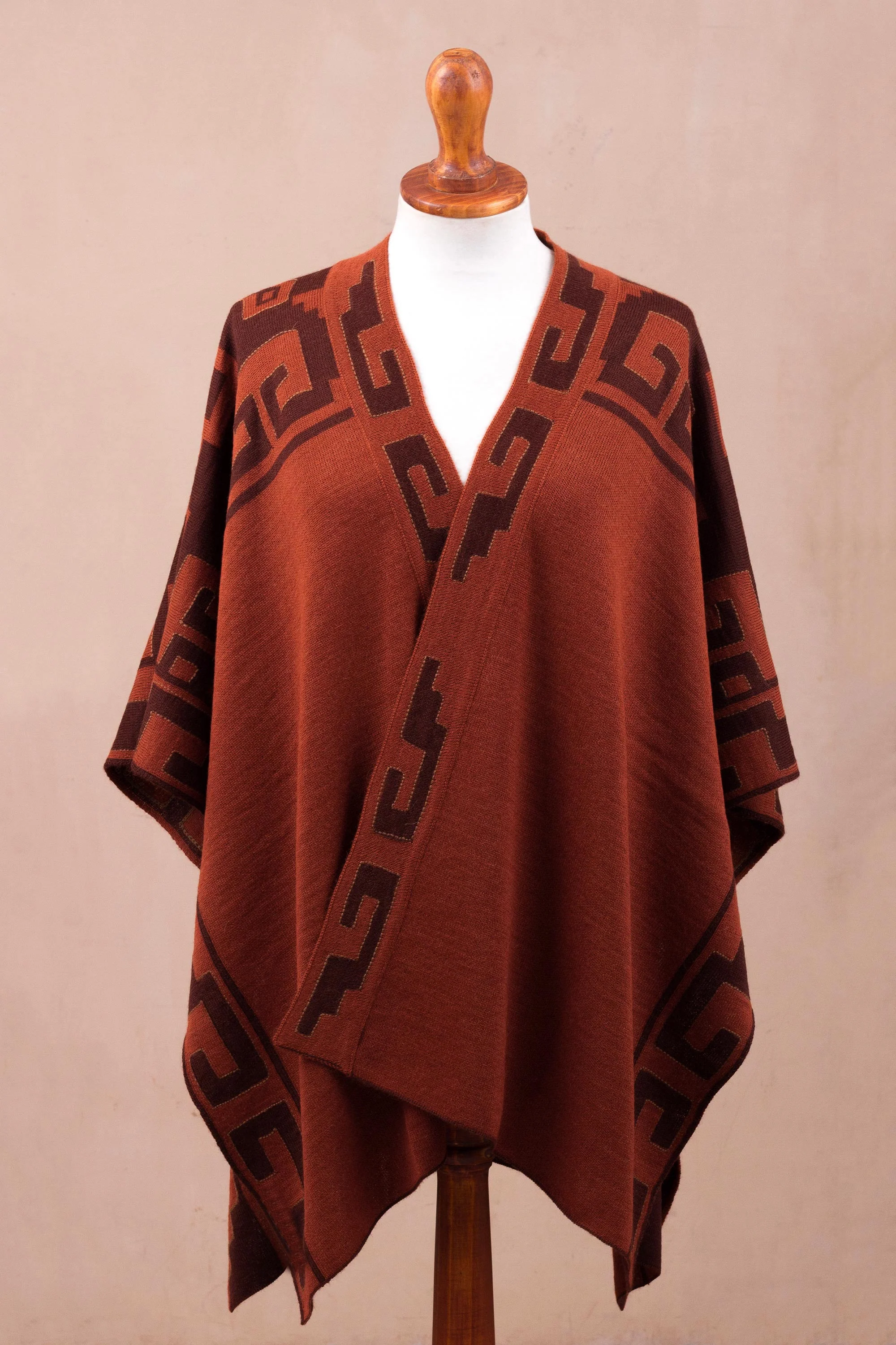 Inca Afternoon in Russet Russet and Black Alpaca Blend Ruana from Peru - Image 4
