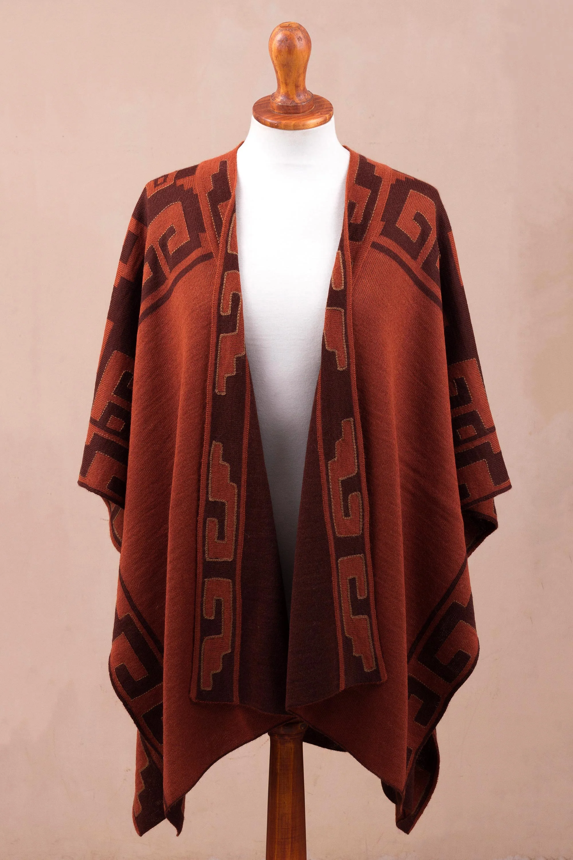 Inca Afternoon in Russet Russet and Black Alpaca Blend Ruana from Peru - Image 5