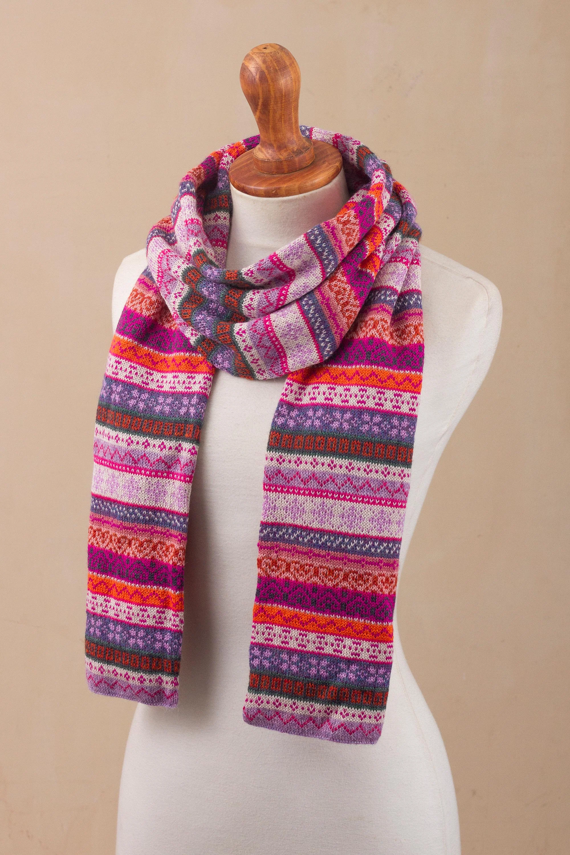 Inca Blooms Lilac and Fuchsia and White 100% Alpaca Knit Scarf - Image 4