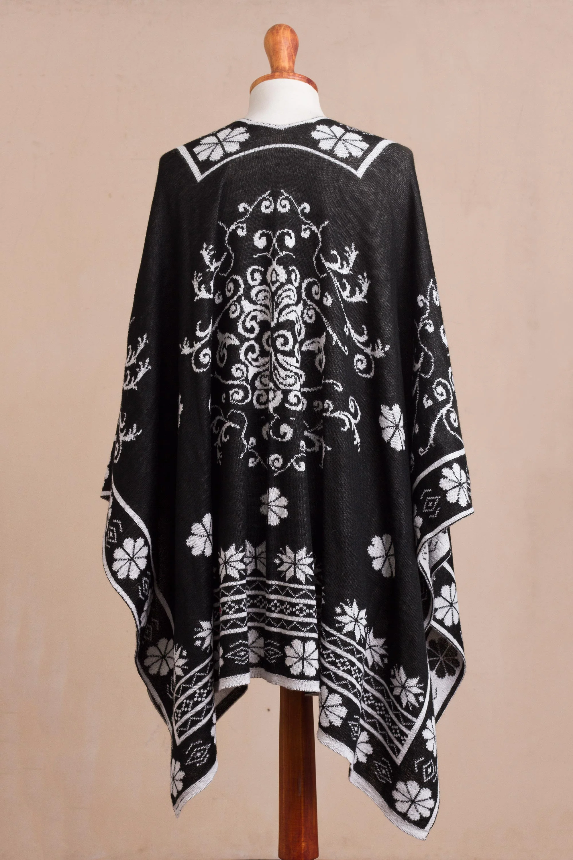 Inca Garden in Black Reversible Alpaca Blend Ruana in Black and White from Peru - Image 4
