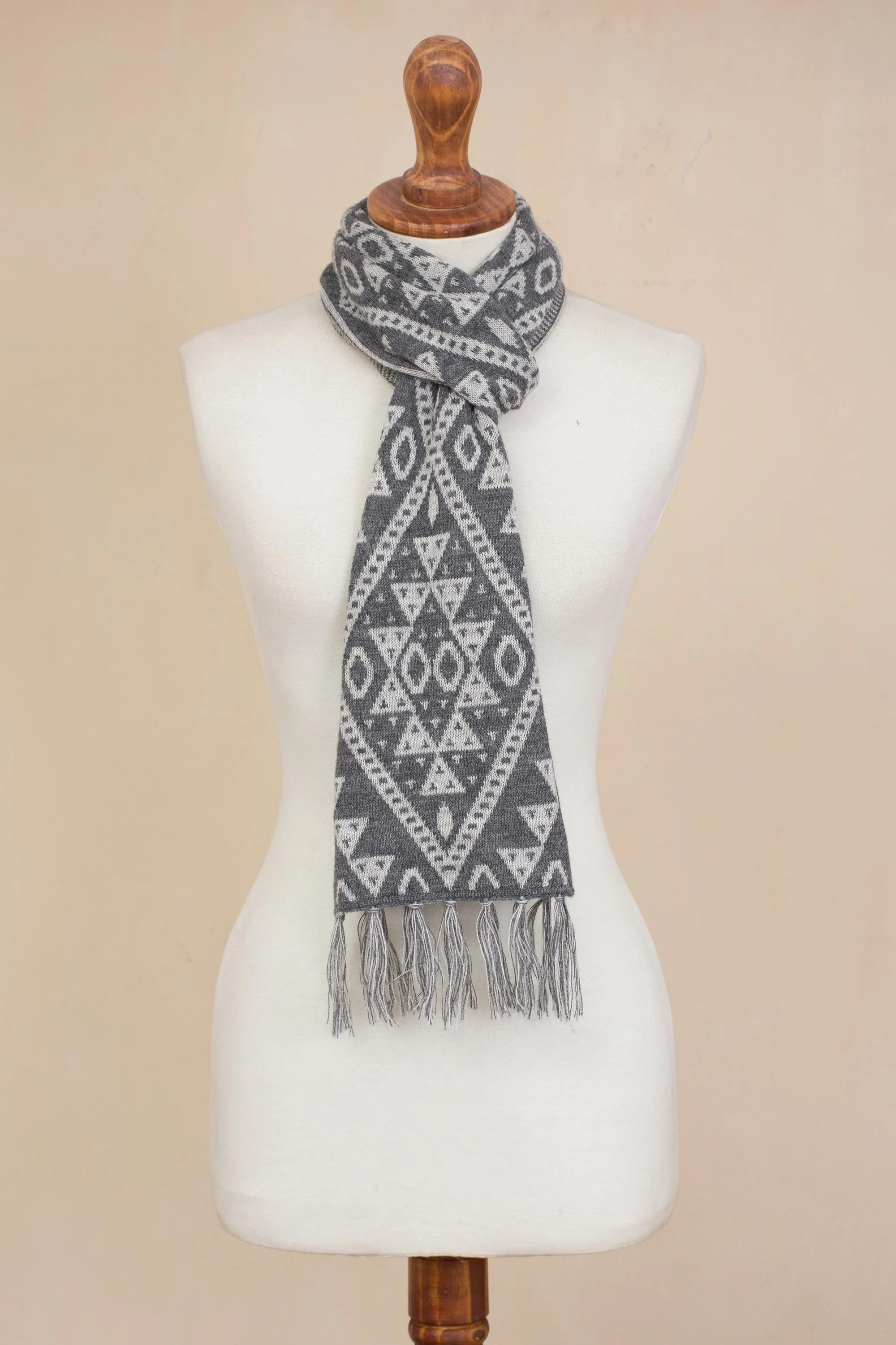 Inca Slate Alpaca Blend Wrap Scarf in Slate and White from Peru - Image 3