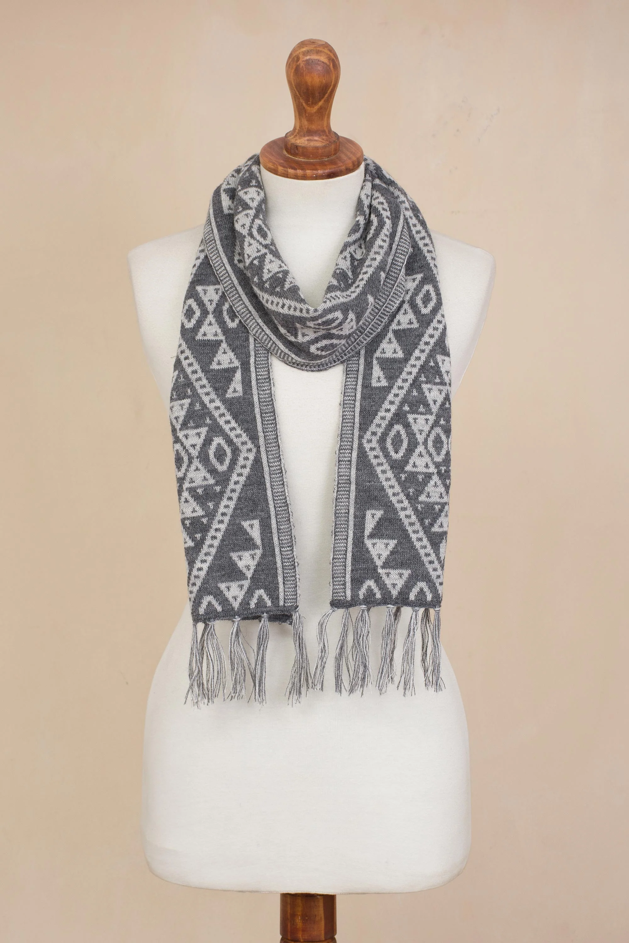 Inca Slate Alpaca Blend Wrap Scarf in Slate and White from Peru - Image 4