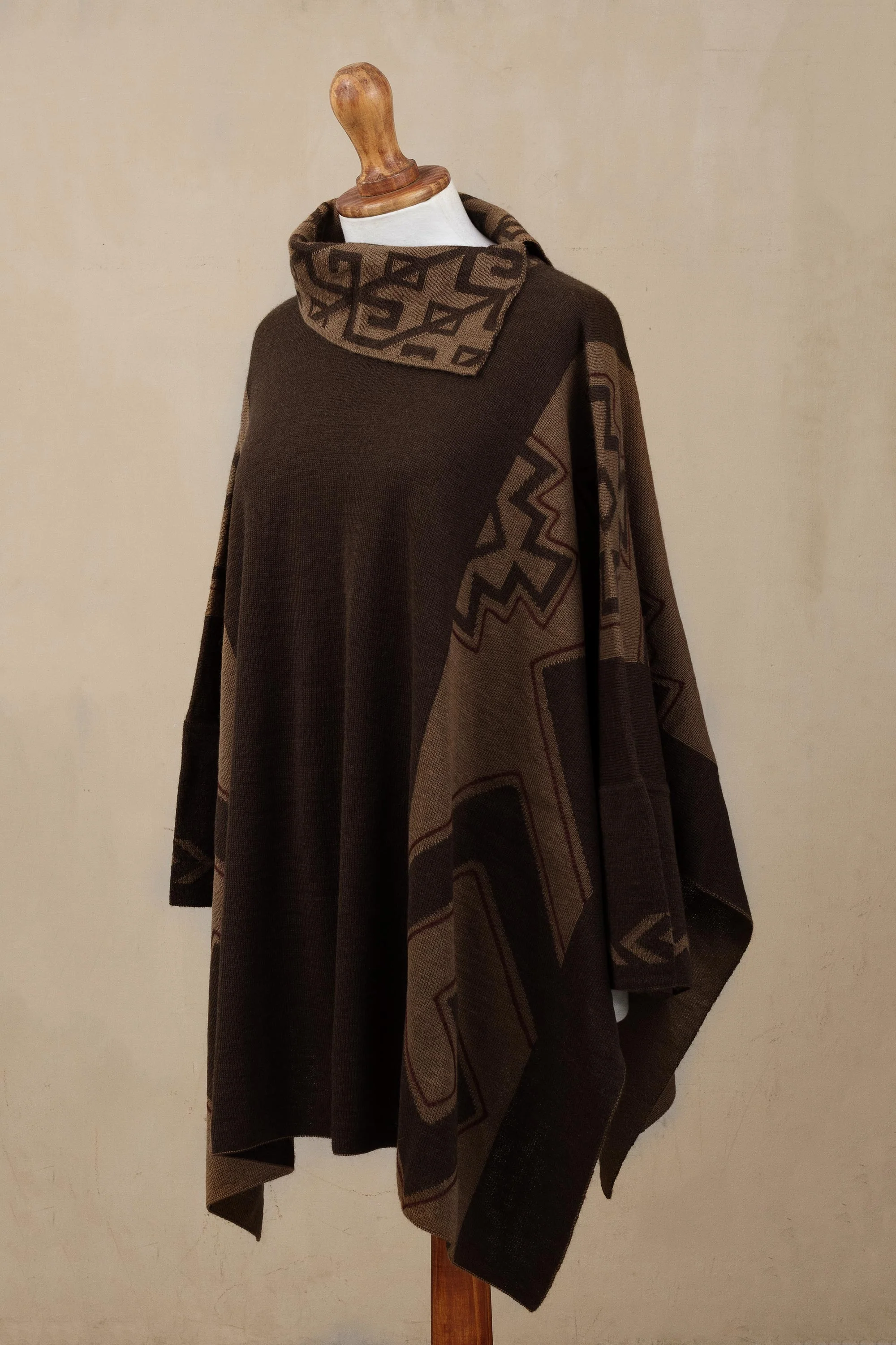 Inca Style Mahogany and Burnt Sienna Alpaca Blend Poncho from Peru - Image 4