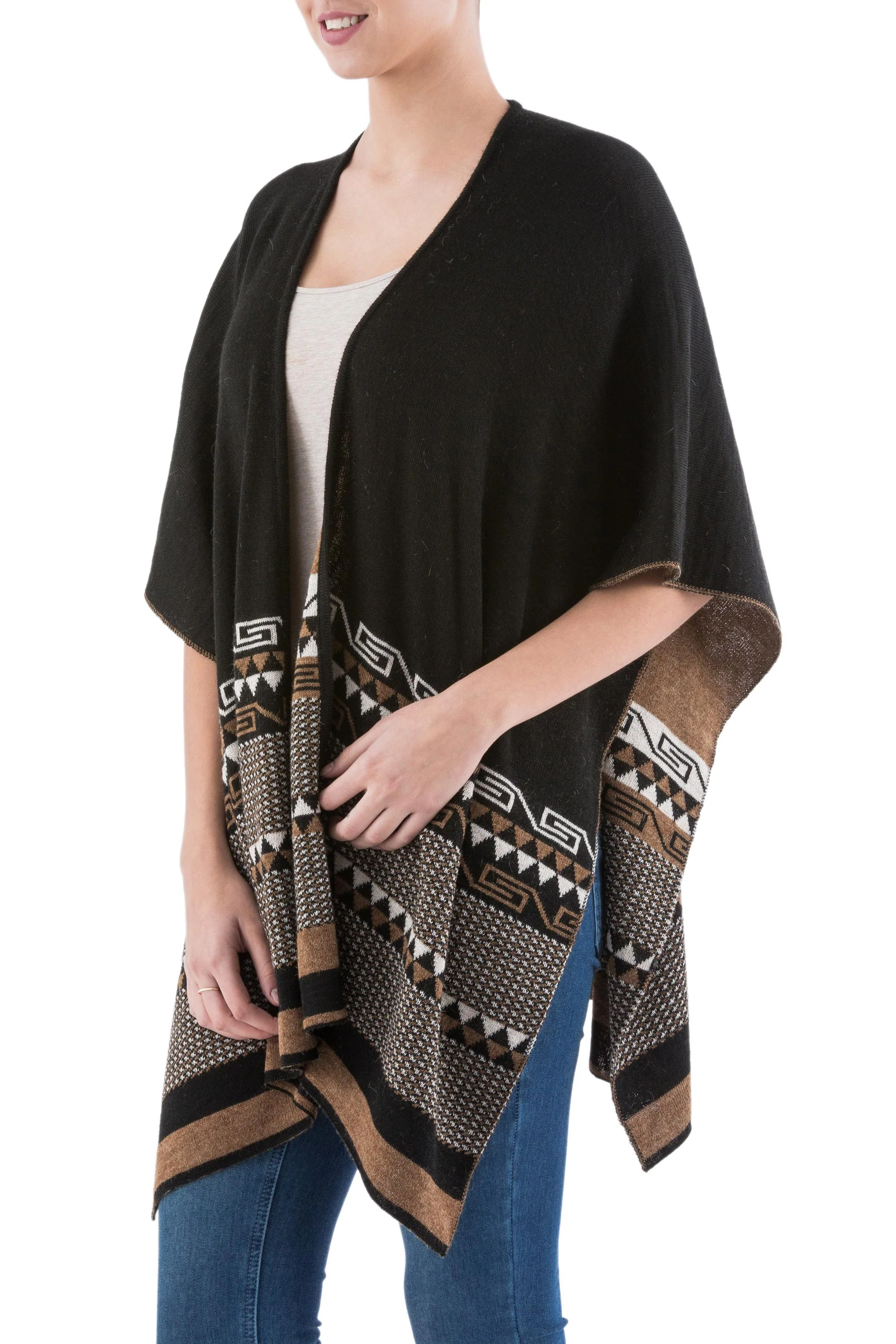 Incan Kingdom in Golden Brown Reversible Alpaca Blend Ruana in Black and Golden Brown - Image 2
