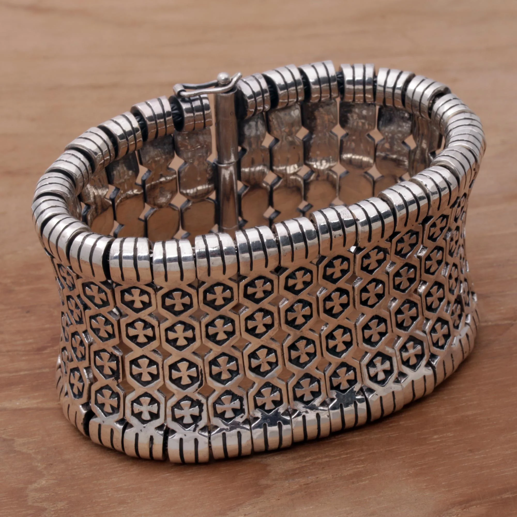 Independent Soul Sterling Silver Cross Engraved Wristband Bracelet from Bali - Image 3