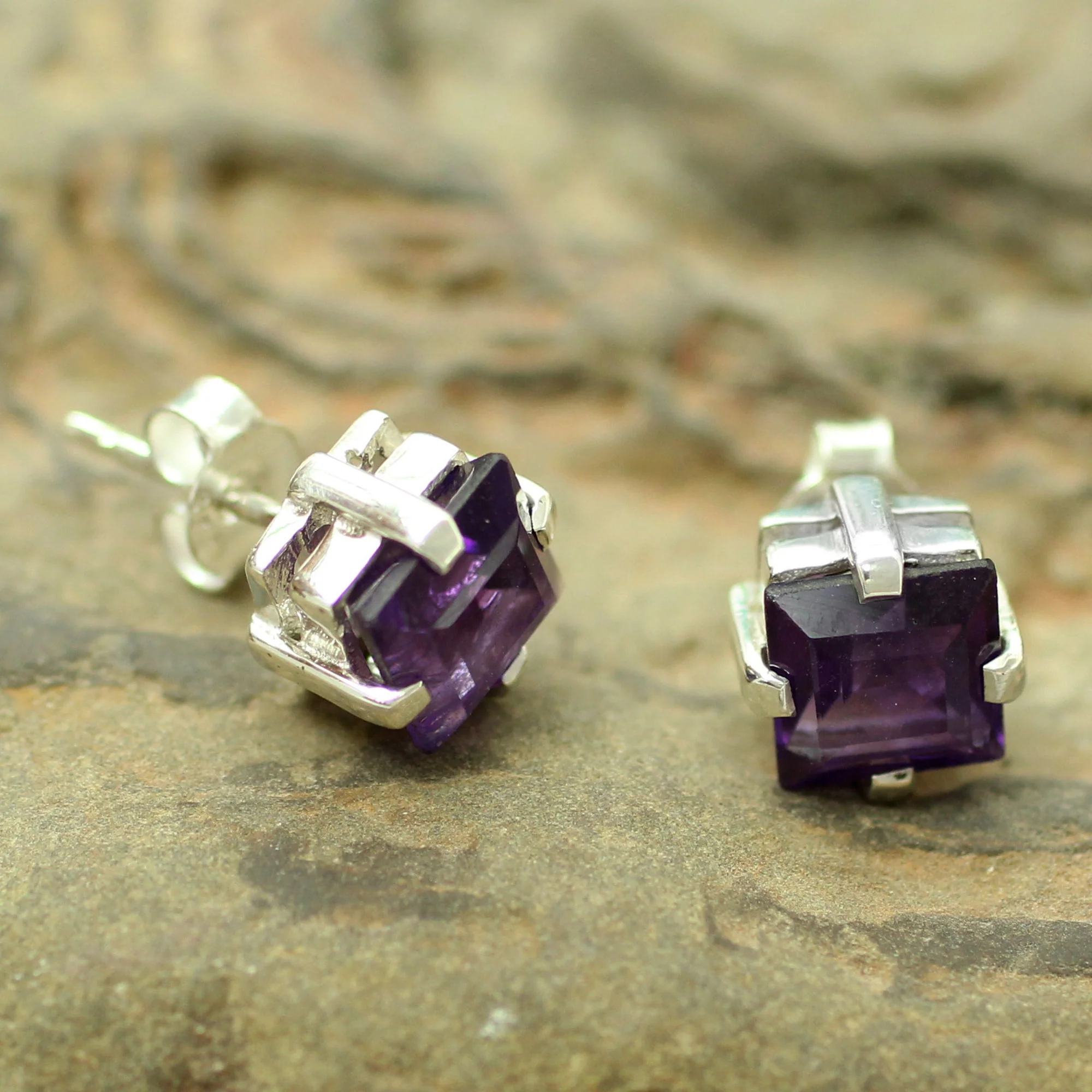 India Charm Sterling Silver and Amethyst Stud Earrings - Image 3