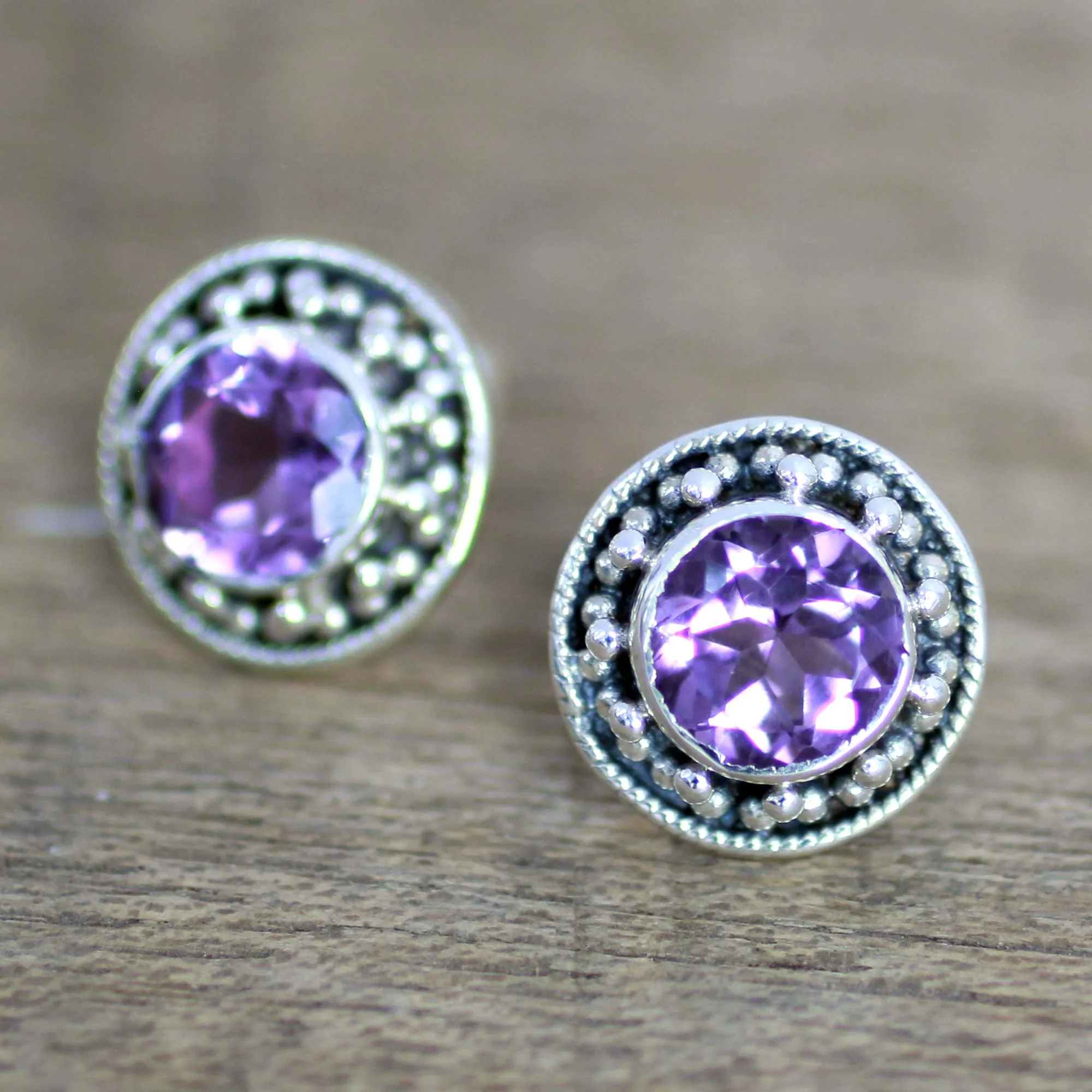 Indian Elegance in Purple Hand Made Faceted Amethyst Button Earrings from India - Image 3