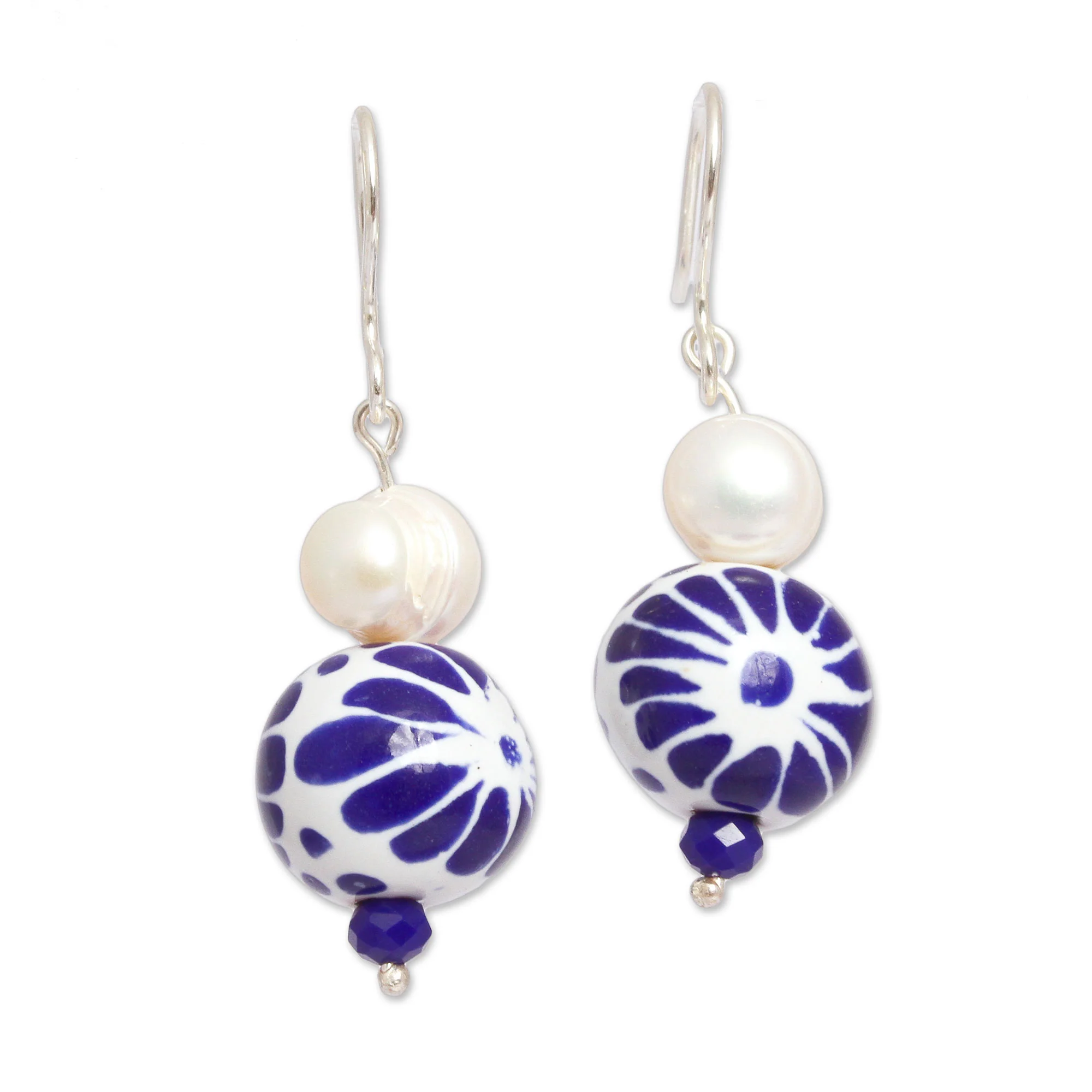 Indigo Bloom Cultured Pearl and Ceramic Puebla-Style Bead Dangle Earrings - Image 2