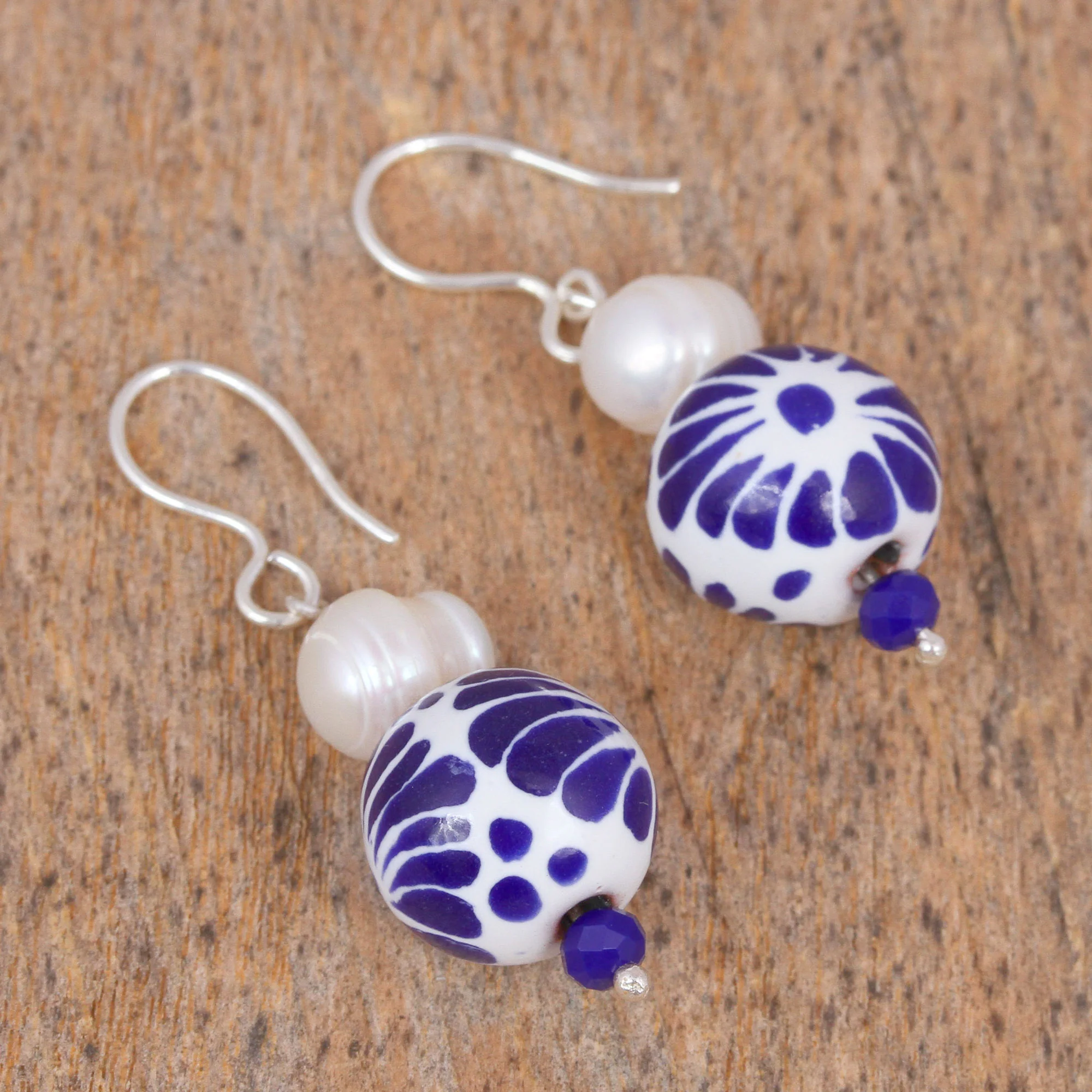Indigo Bloom Cultured Pearl and Ceramic Puebla-Style Bead Dangle Earrings - Image 3