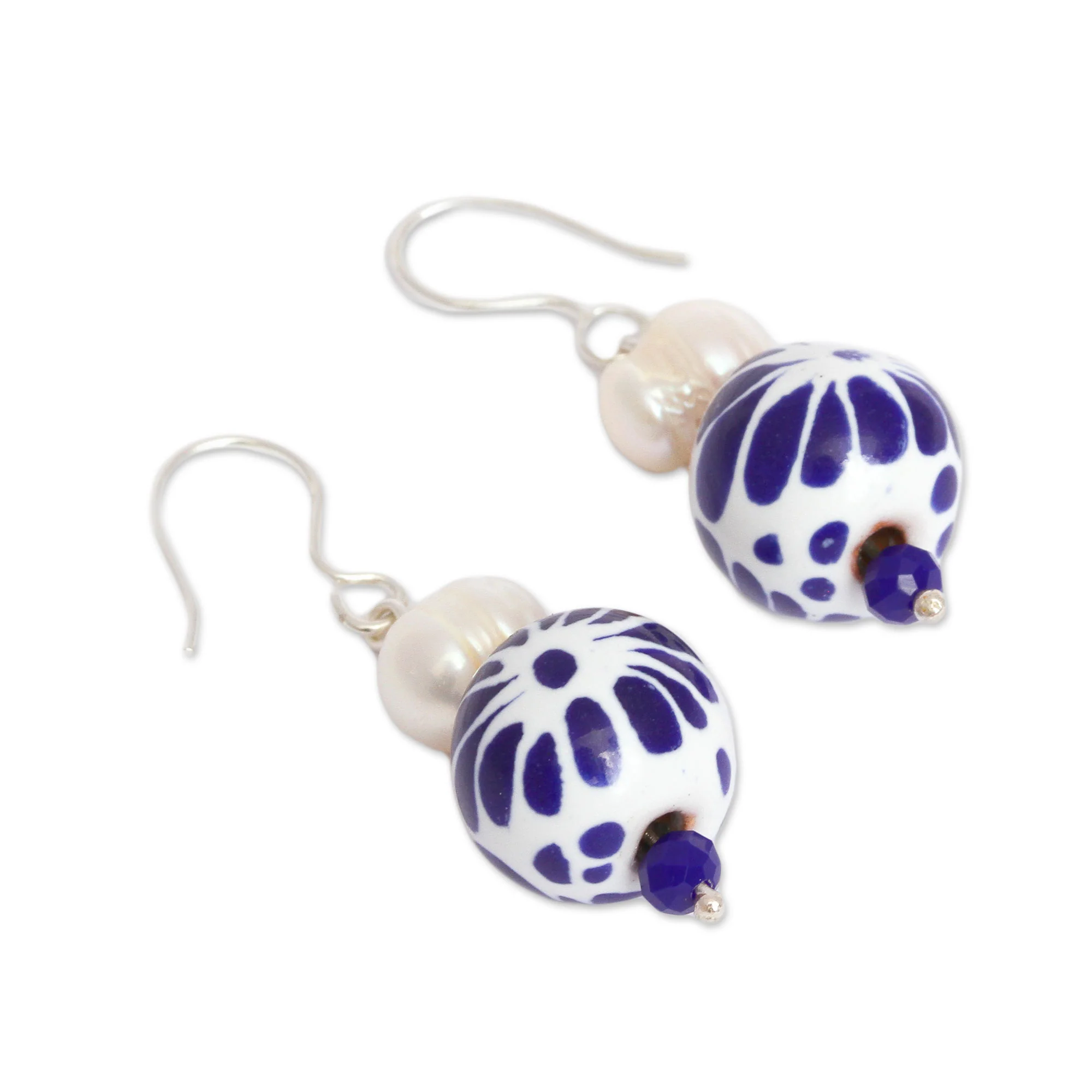 Indigo Bloom Cultured Pearl and Ceramic Puebla-Style Bead Dangle Earrings - Image 4