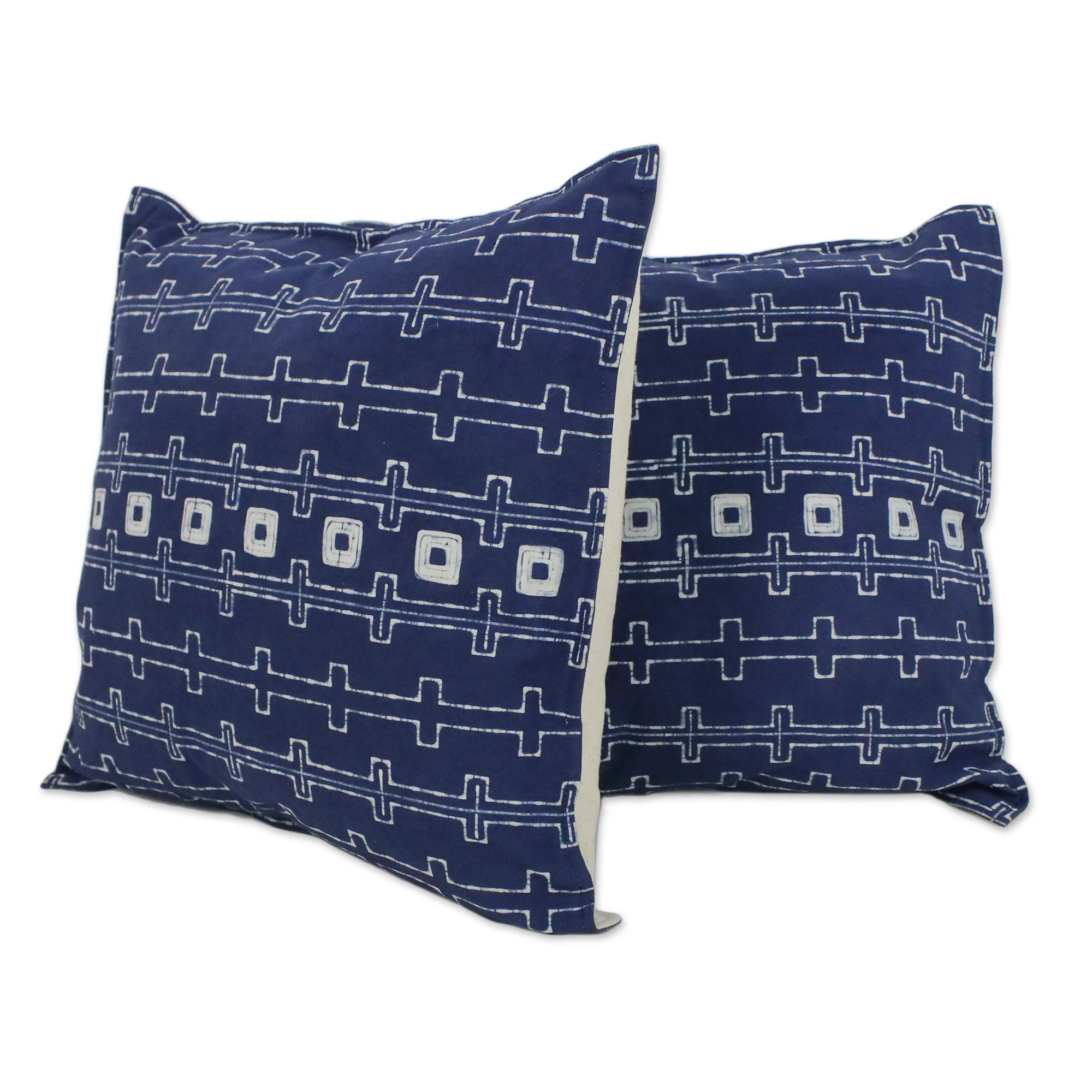 Indigo Chains Batik Cotton Cushion Covers in Indigo from Thailand (Pair) - Image 2