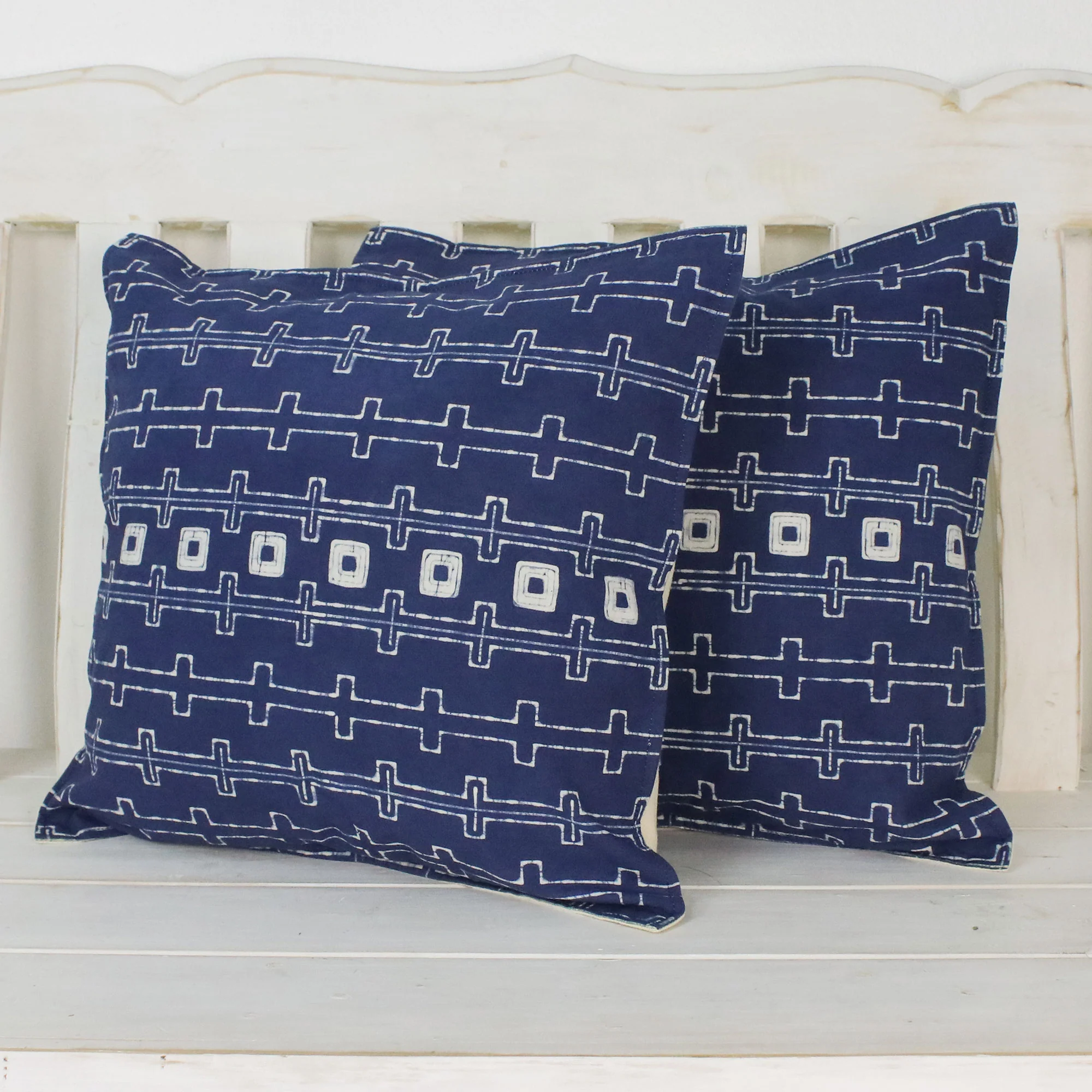 Indigo Chains Batik Cotton Cushion Covers in Indigo from Thailand (Pair) - Image 3