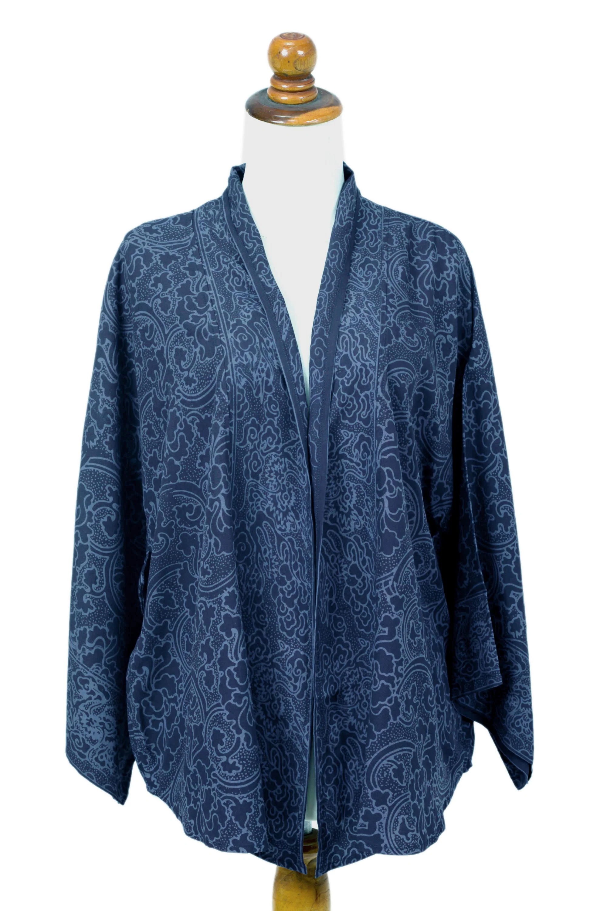 Indigo Garden Blue Javanese Batik Rayon Kimono Jacket - Image 5