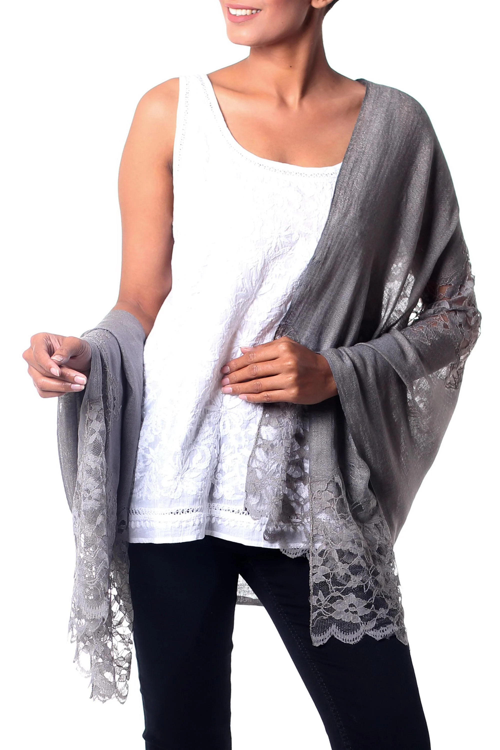 Infinite Kashmir Light Gray Wool Blend Shawl - Image 2