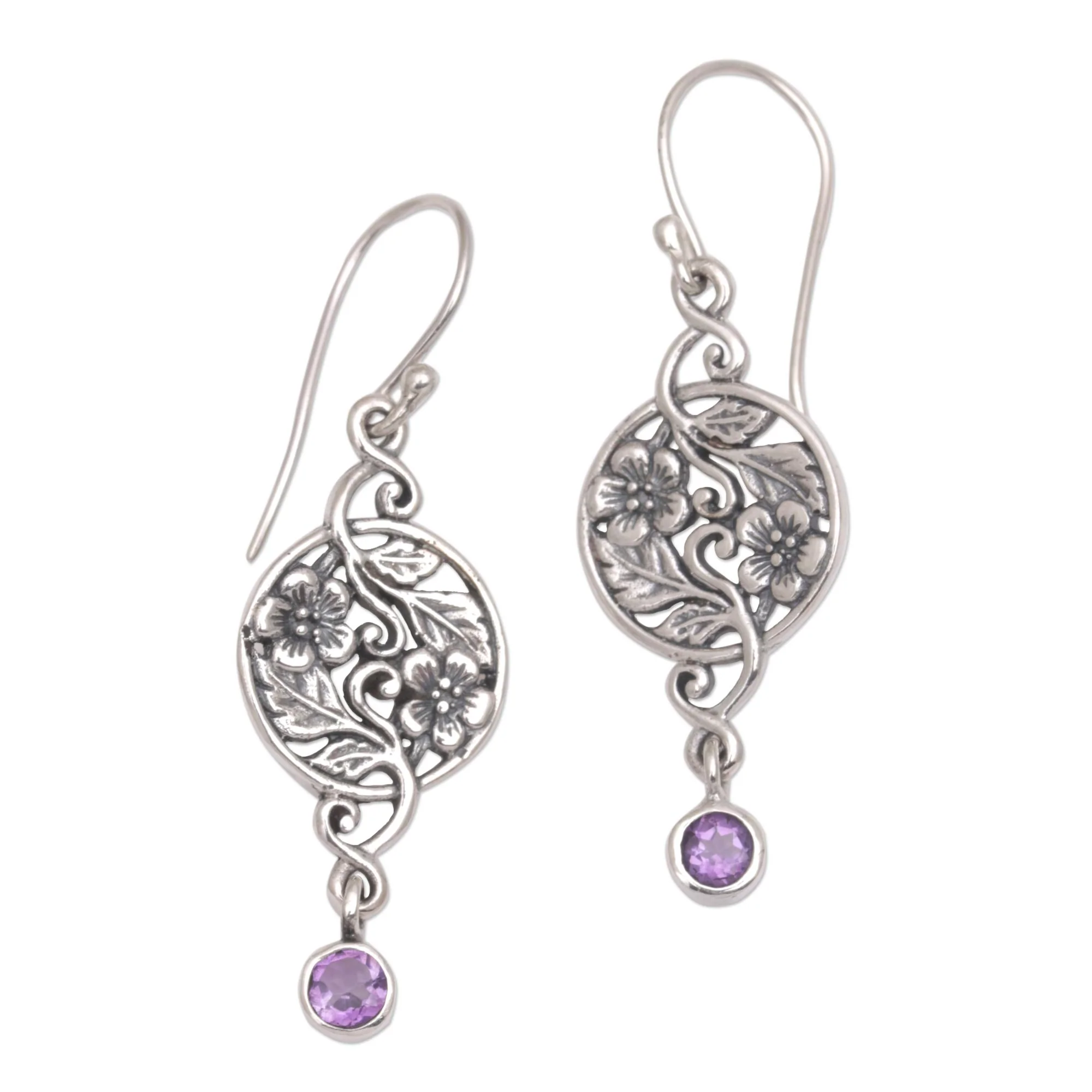 Inflorescence Balinese Amethyst and Sterling Silver Floral Dangle Earrings - Image 2