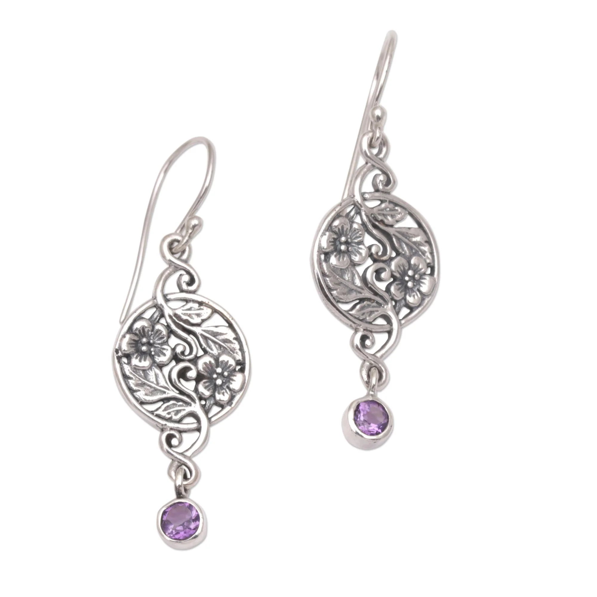 Inflorescence Balinese Amethyst and Sterling Silver Floral Dangle Earrings - Image 4