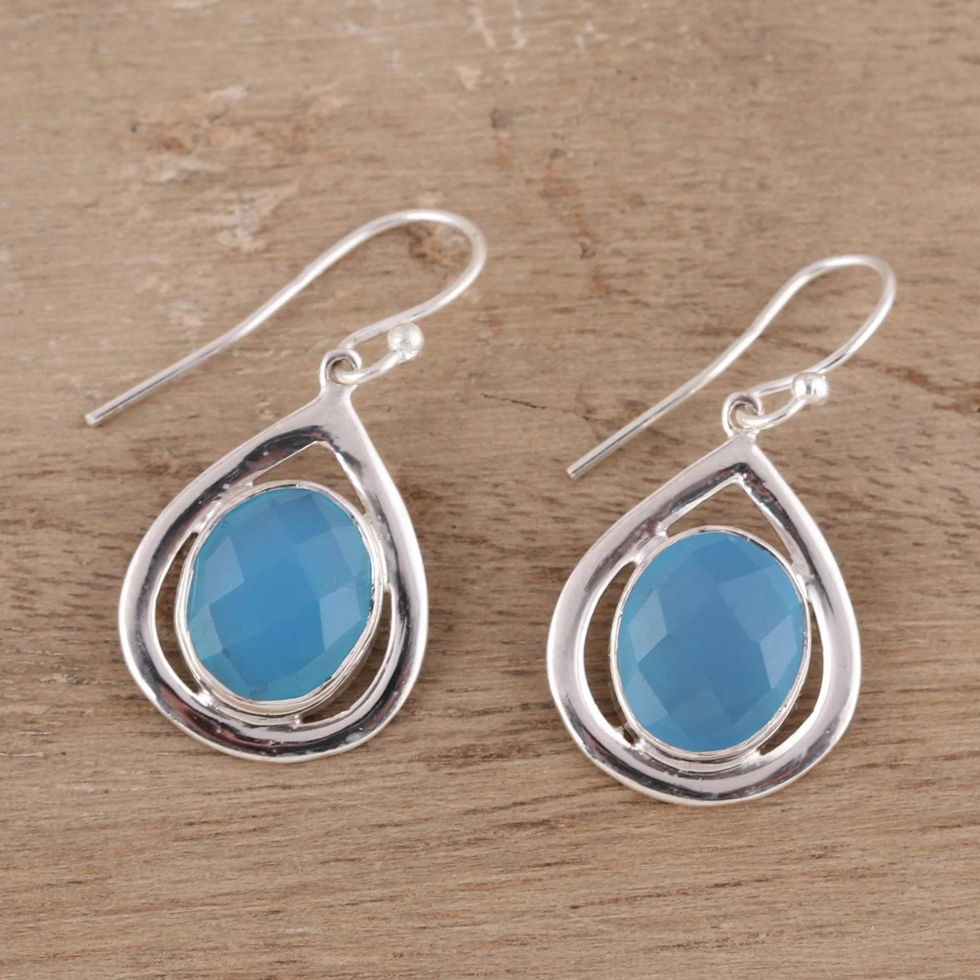 Inland Sea Blue Chalcedony and Sterling Silver Dangle Earrings - Image 3