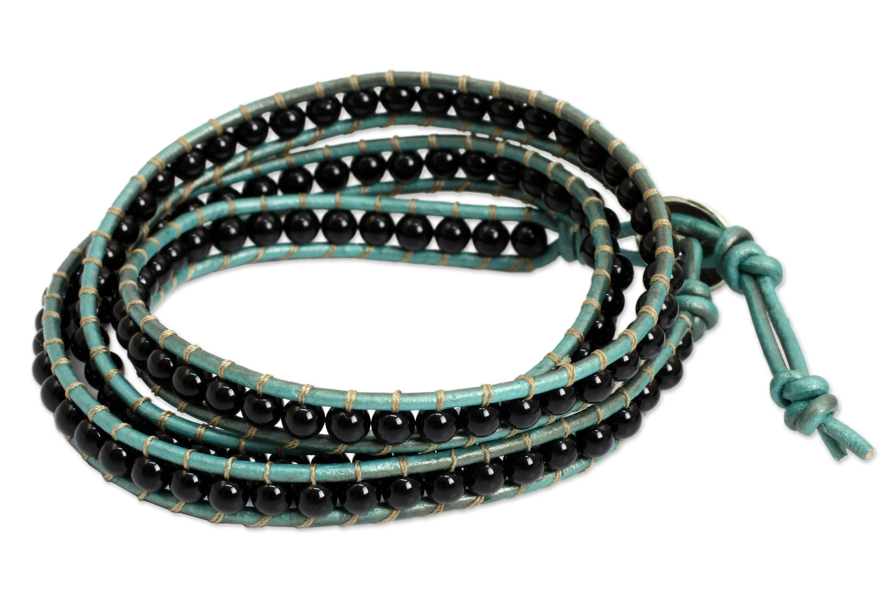Inner Balance Onyx and Leather Wrap Bracelet Thai Artisan Jewelry - Image 2
