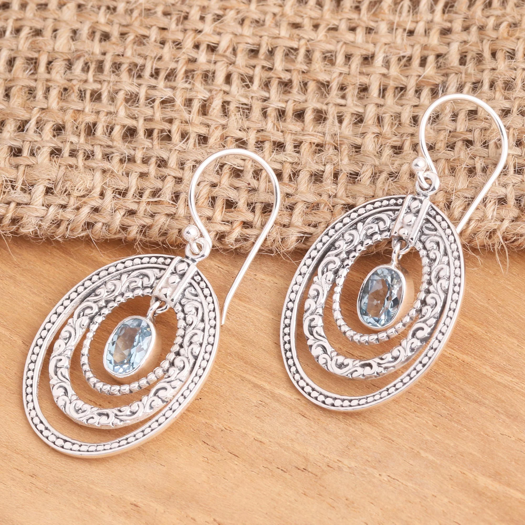 Inner Circles in Blue Concentric Circle Blue Topaz Earrings Balinese Motif - Image 3