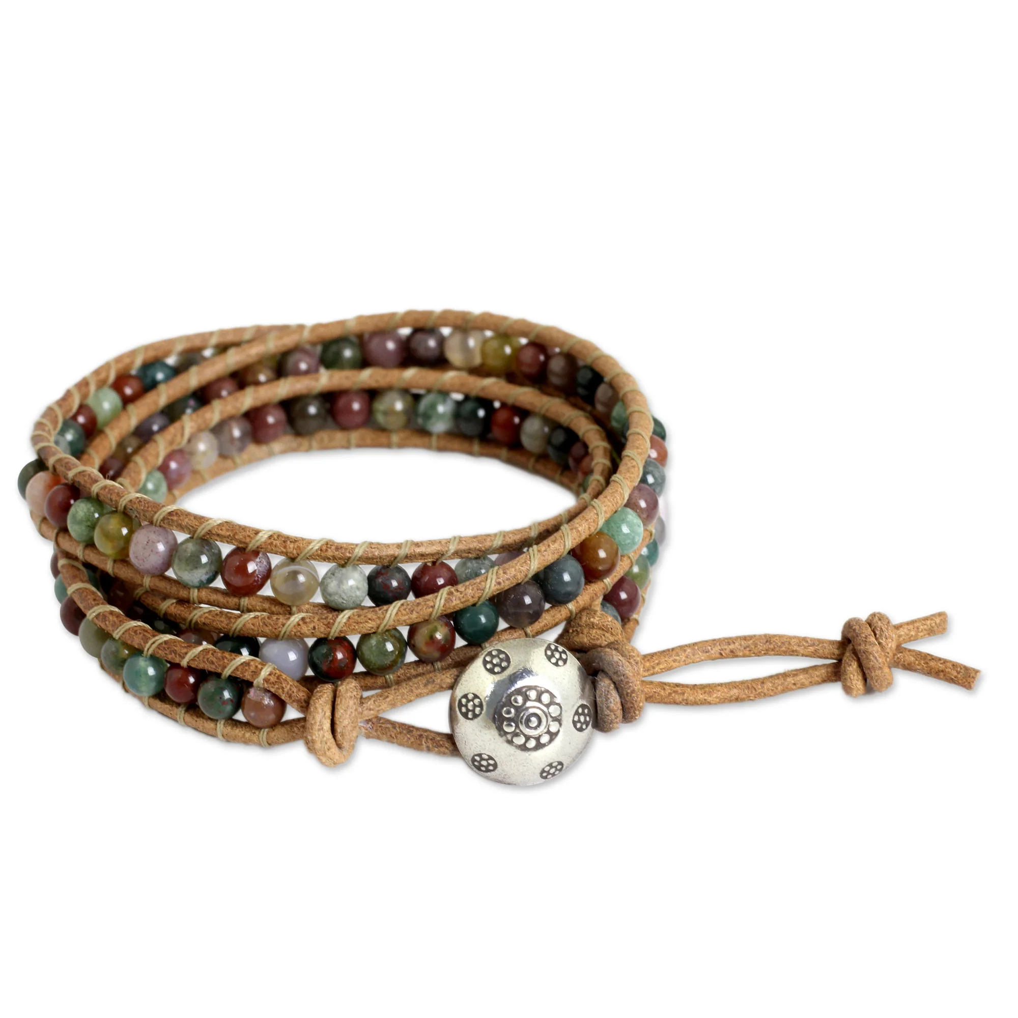 Inner Harmony Multi-colored Jasper and Leather Wrap Bracelet - Image 2