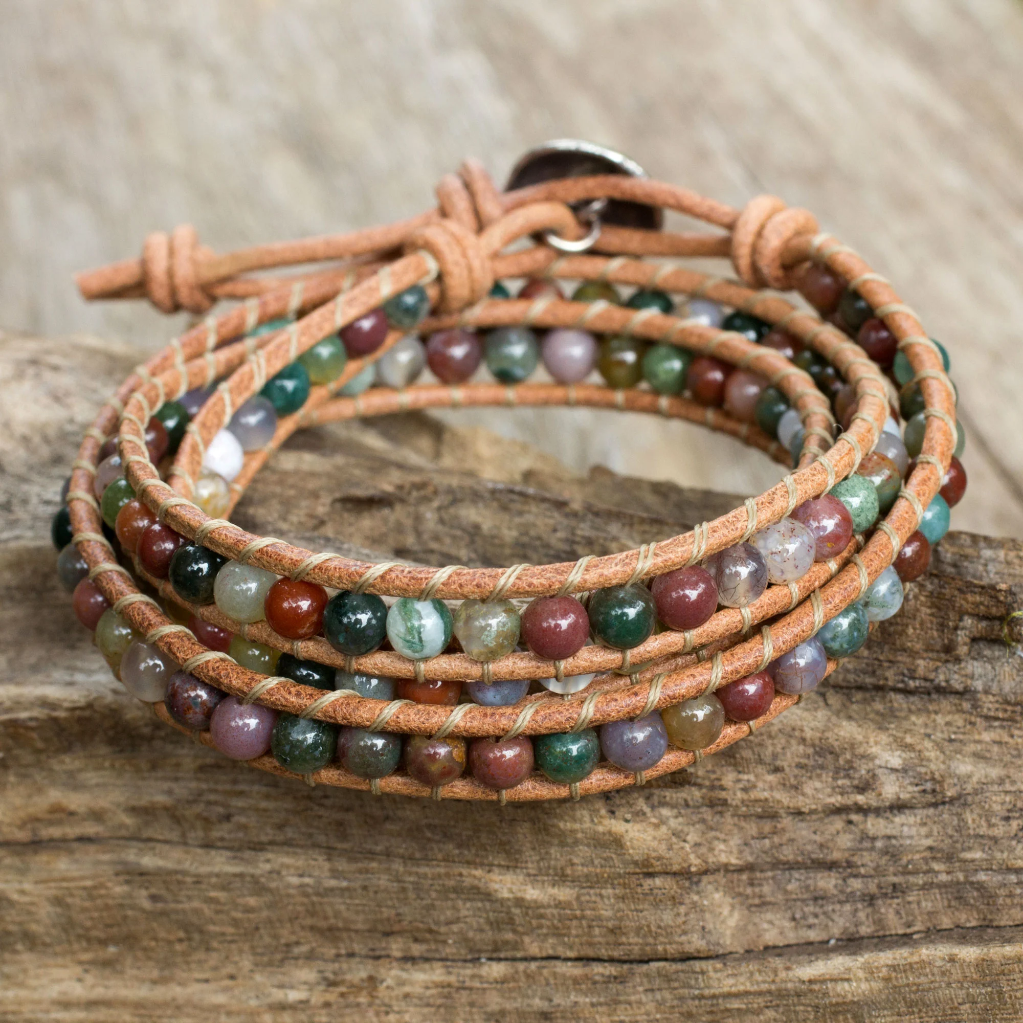 Inner Harmony Multi-colored Jasper and Leather Wrap Bracelet - Image 3