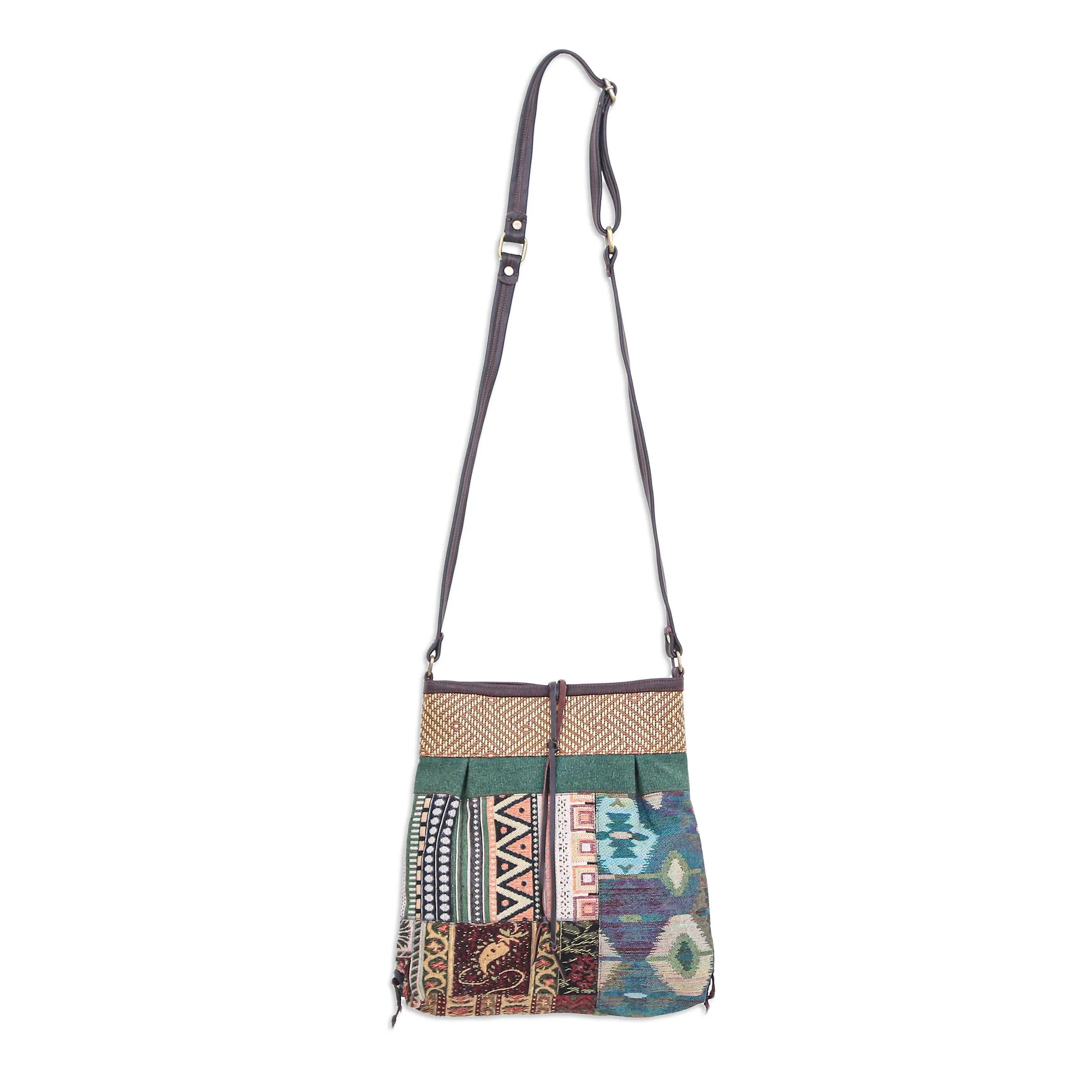 Intermission in Green Thai Cotton Patchwork Sling Bag with Leather Strap - Image 2