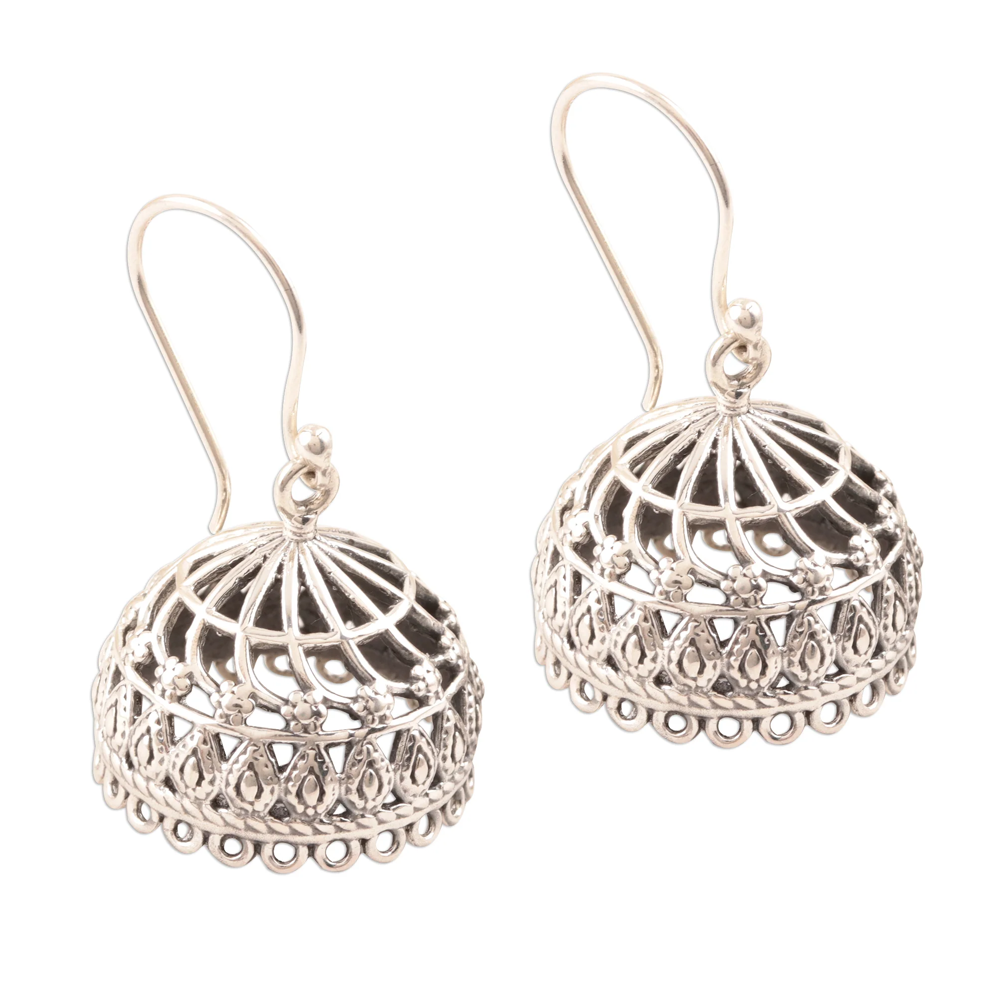 Intricate Jhumki Openwork Sterling Silver Jhumki Dangle Earrings from India - Image 4