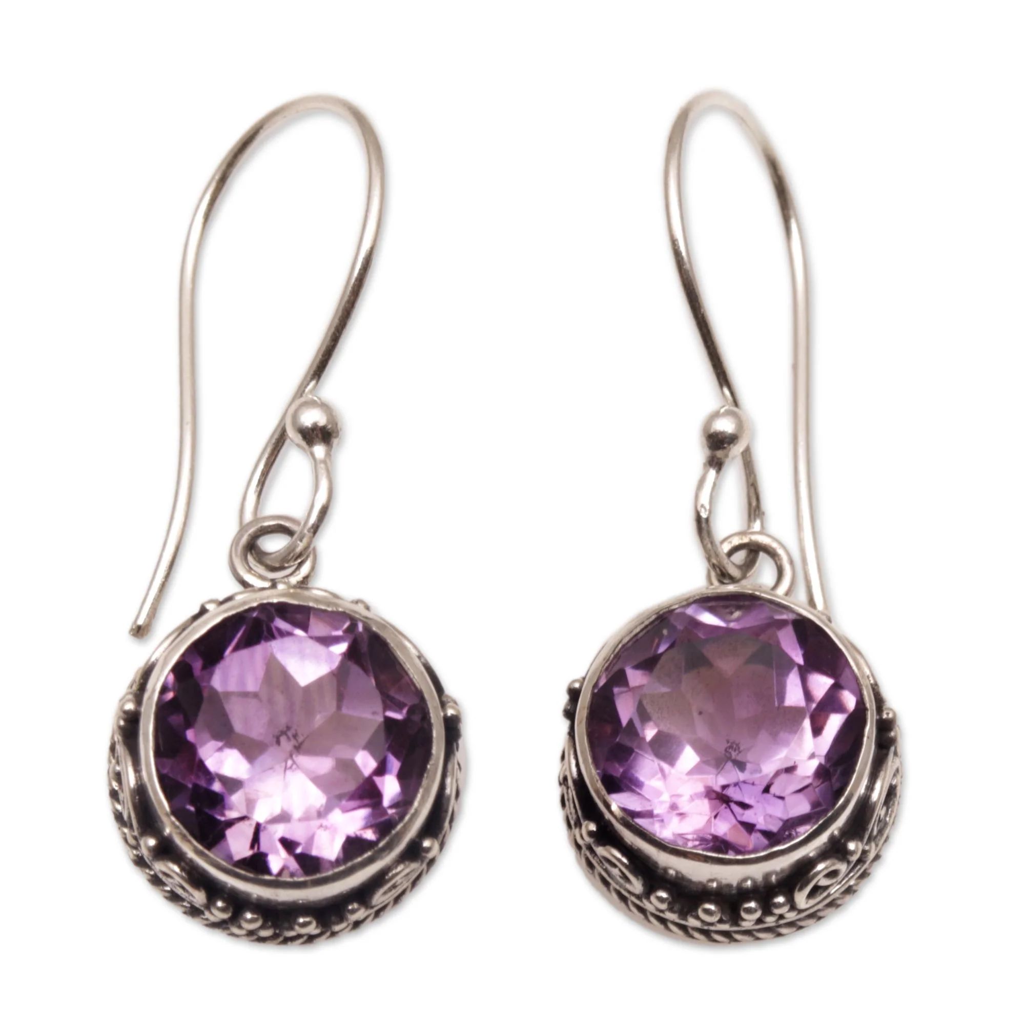 Iridescent Circles Circular Amethyst and Silver Dangle Earrings from Bali - Image 2