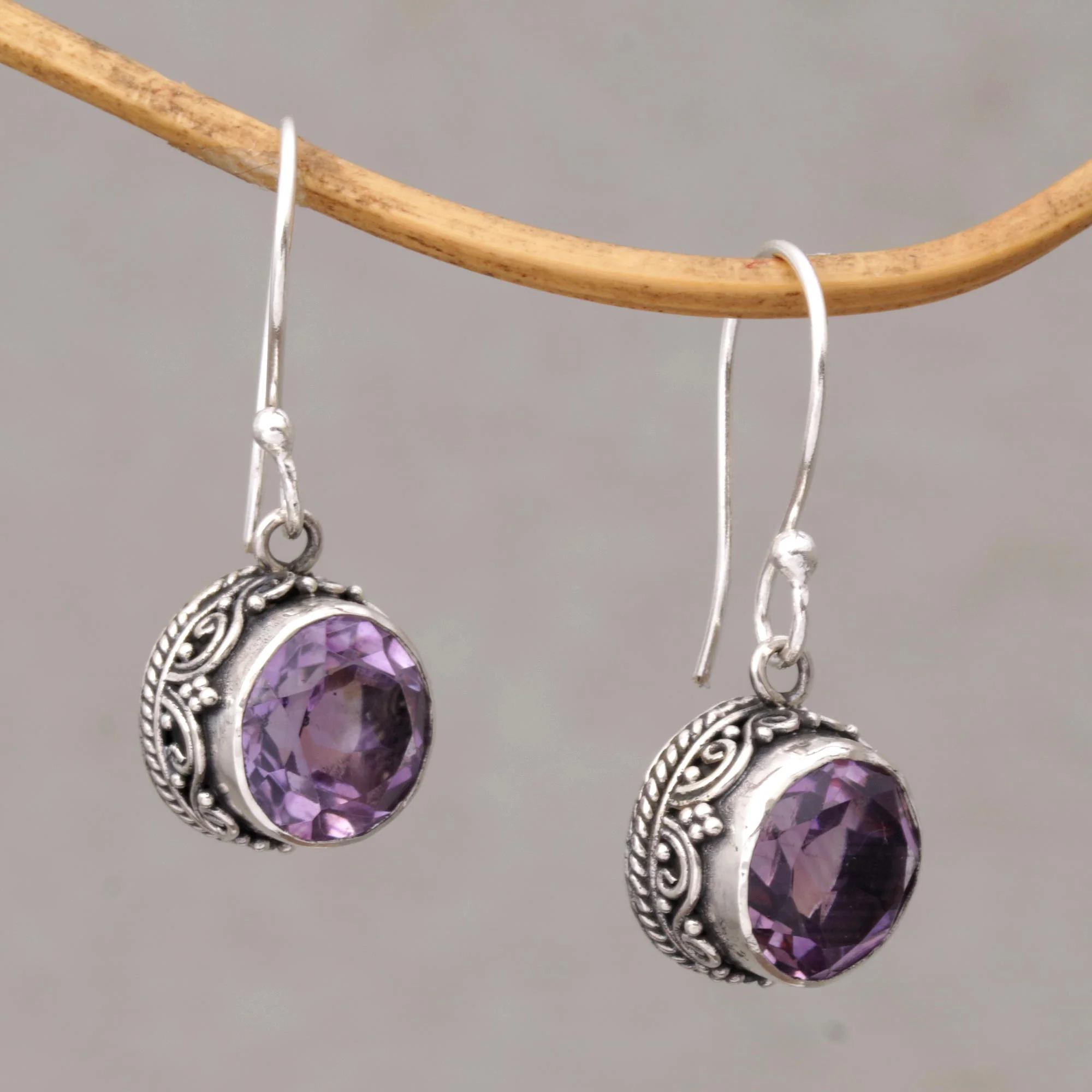 Iridescent Circles Circular Amethyst and Silver Dangle Earrings from Bali - Image 3