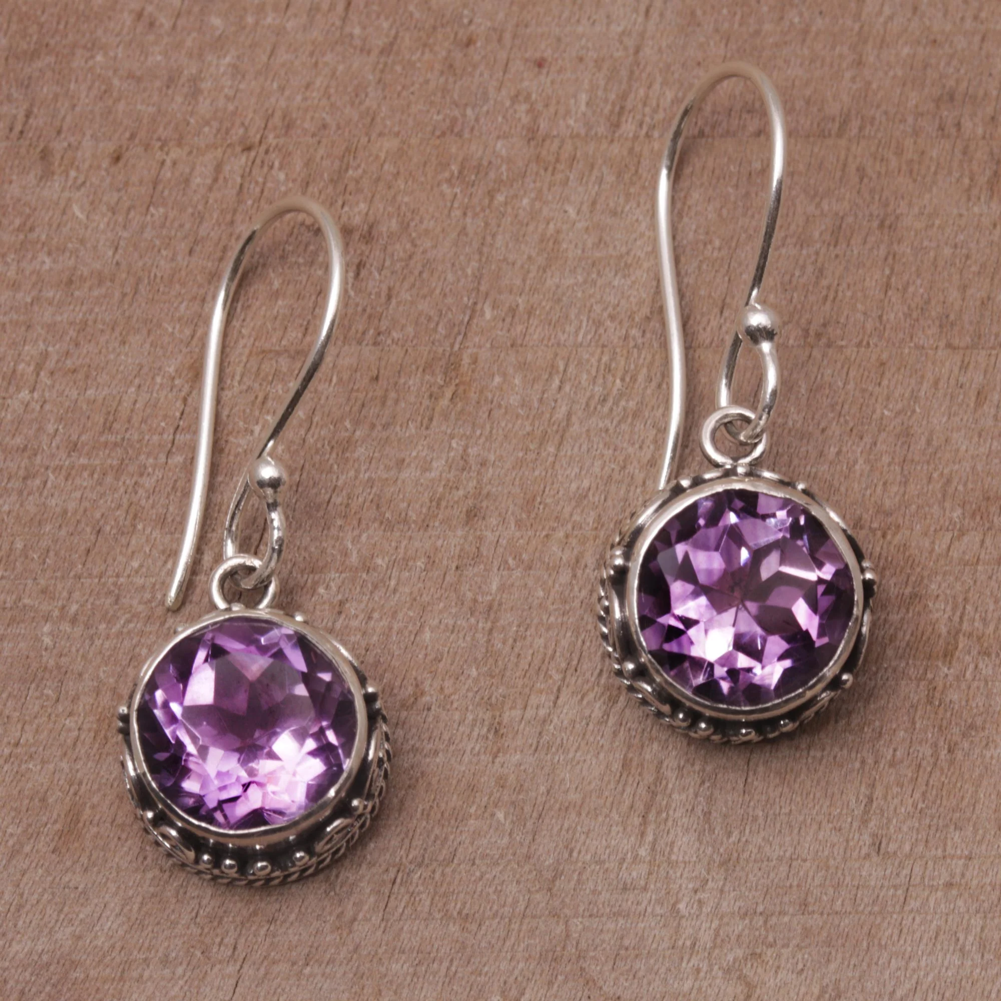 Iridescent Circles Circular Amethyst and Silver Dangle Earrings from Bali - Image 4