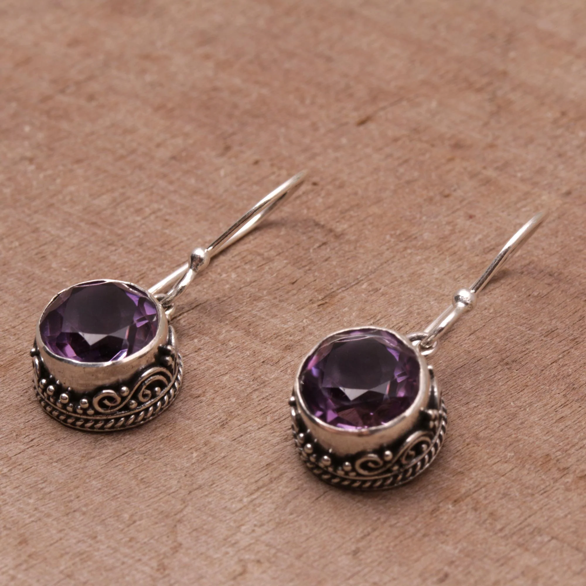 Iridescent Circles Circular Amethyst and Silver Dangle Earrings from Bali - Image 5