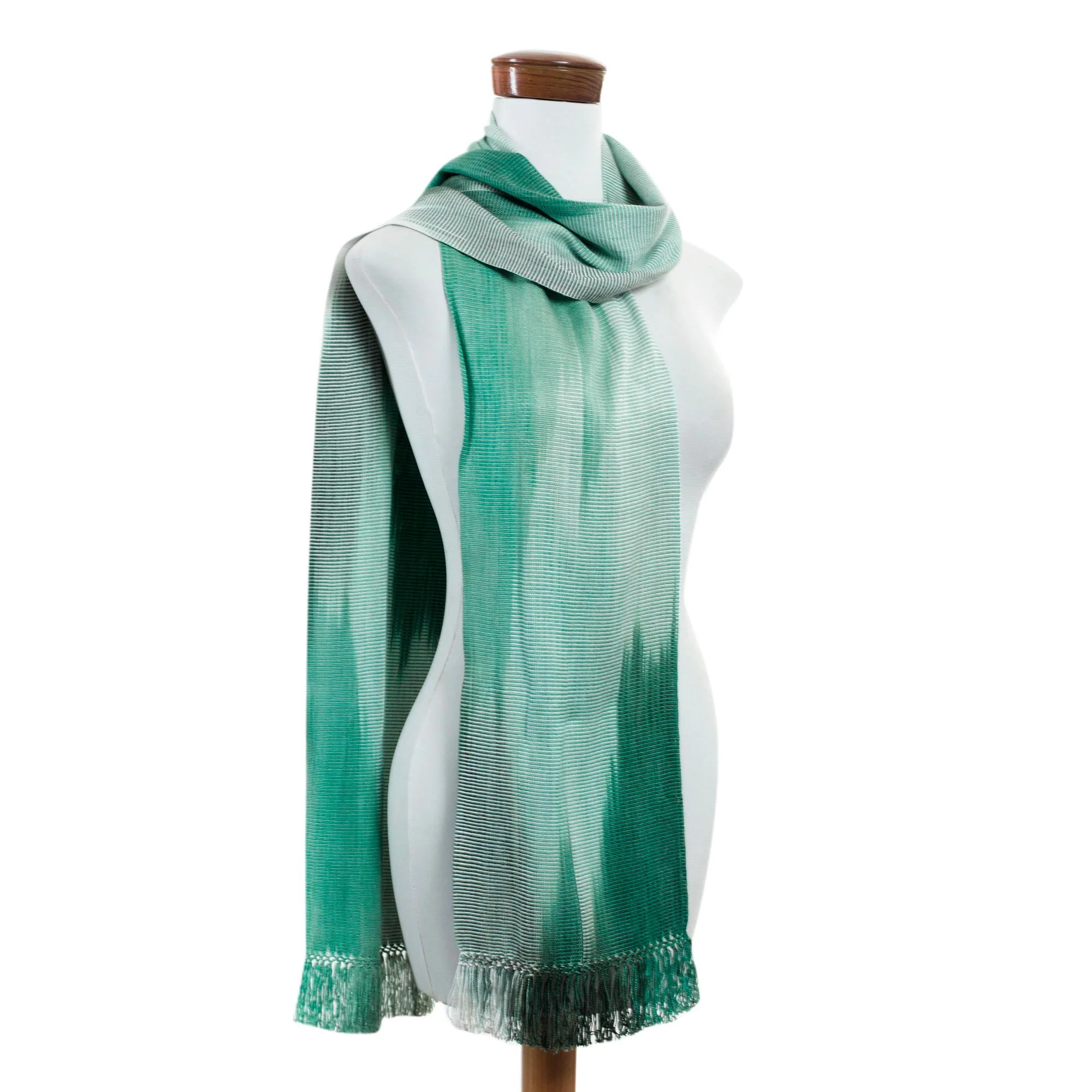 Iridescent Eucalyptus Rayon Chenille Hand Woven Green White Guatemalan Scarf - Image 5