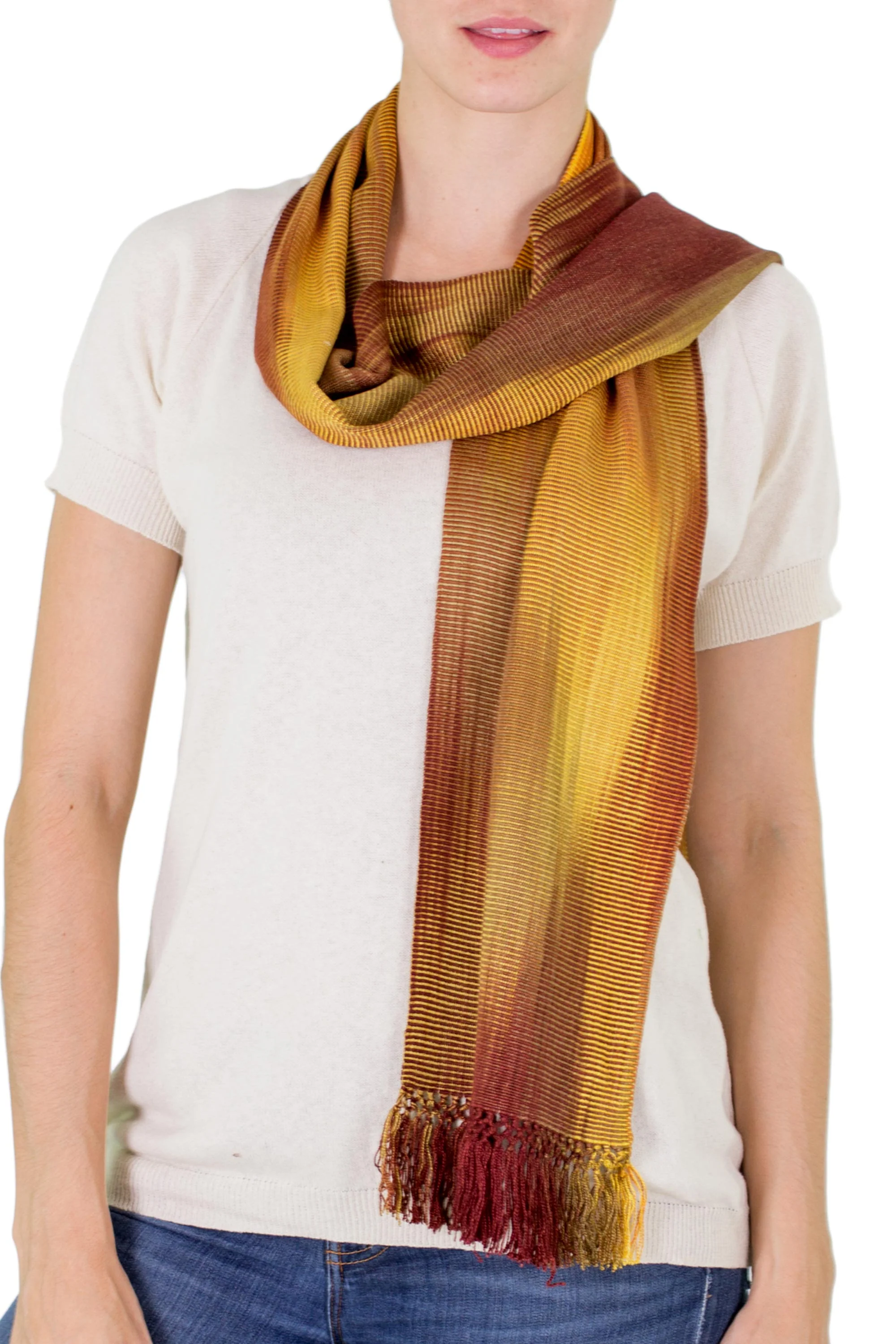 Iridescent Ocher Ocher and Copper Hand Woven Rayon Scarf - Image 2