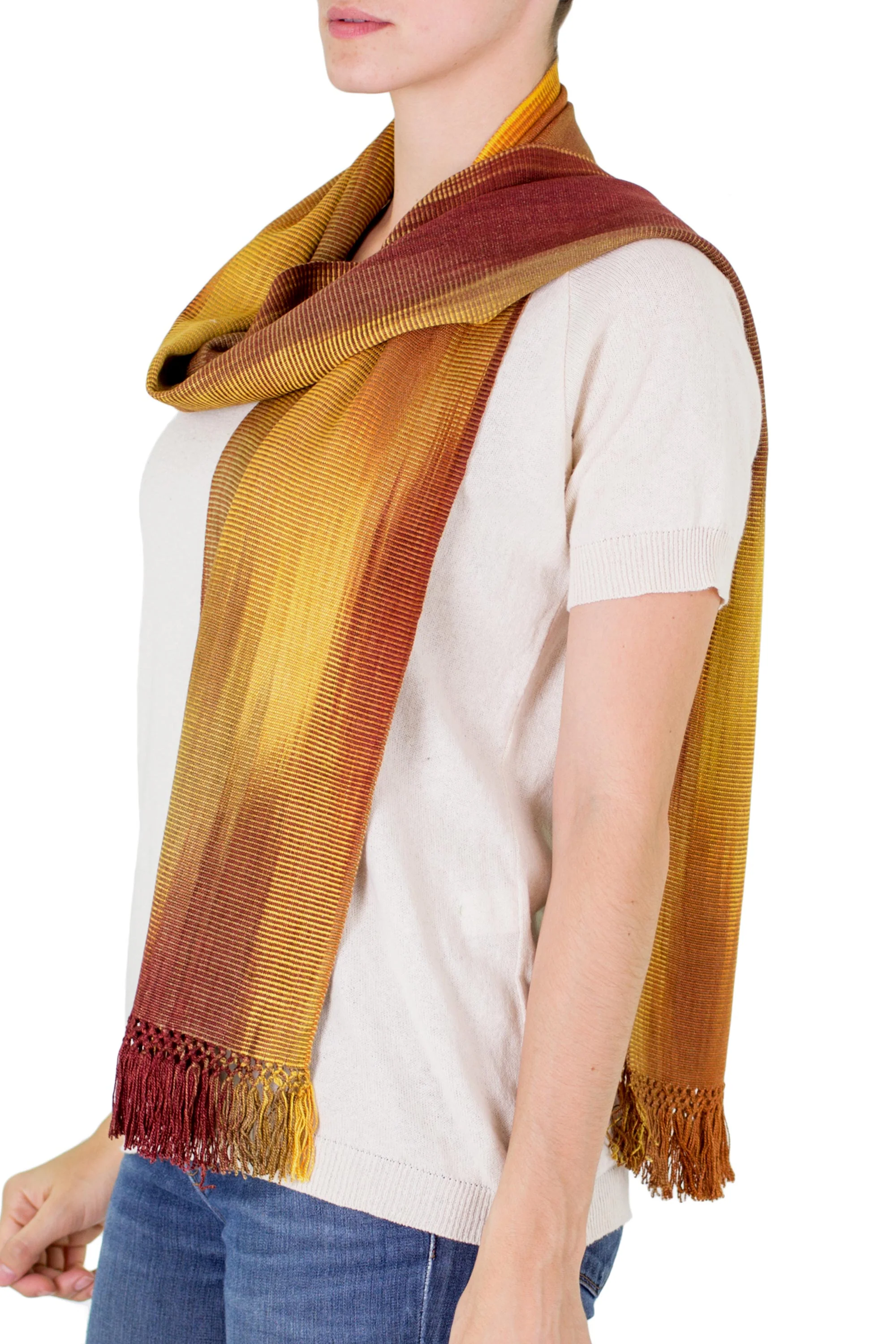 Iridescent Ocher Ocher and Copper Hand Woven Rayon Scarf - Image 3