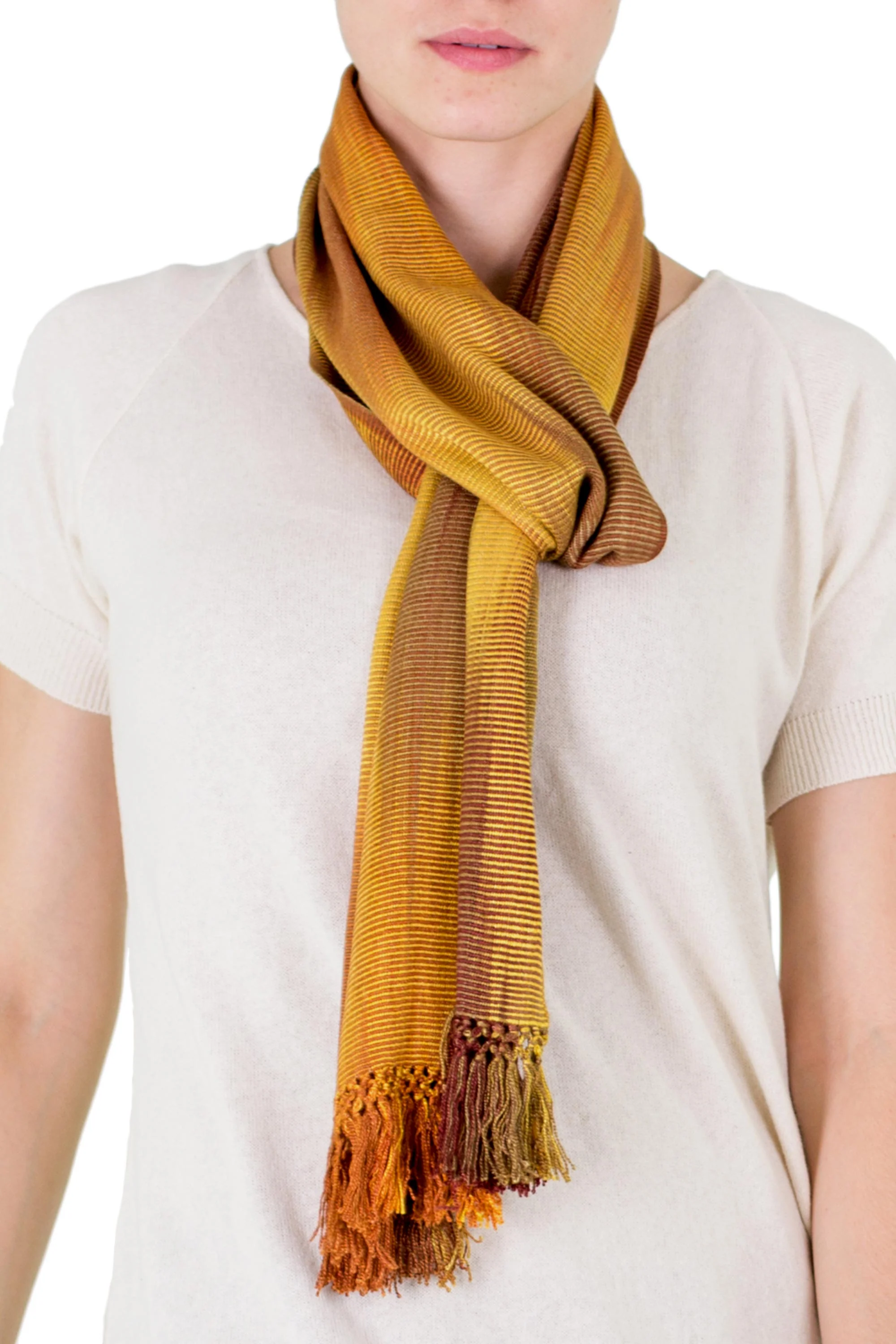 Iridescent Ocher Ocher and Copper Hand Woven Rayon Scarf - Image 4
