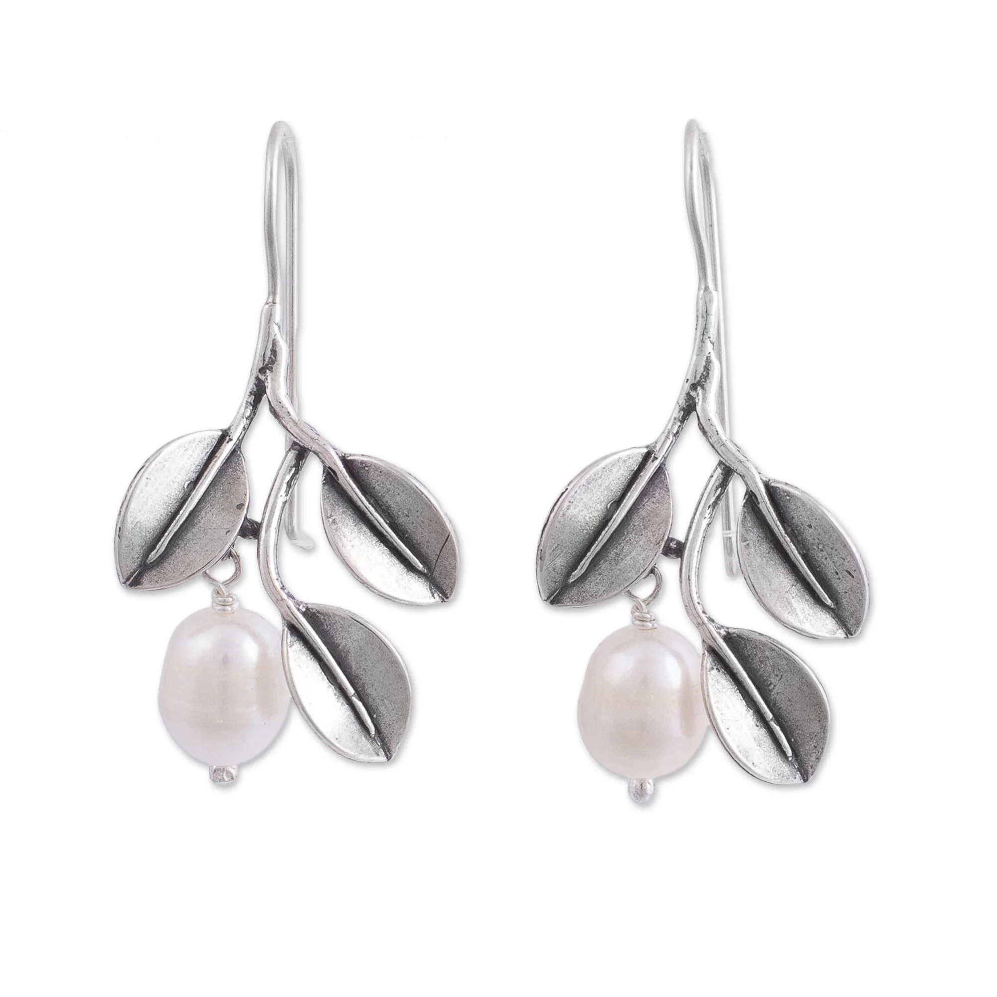 Iridescent Pears Dangle Earrings with Cultured Pearls and 925 Silver Leaves - Image 2