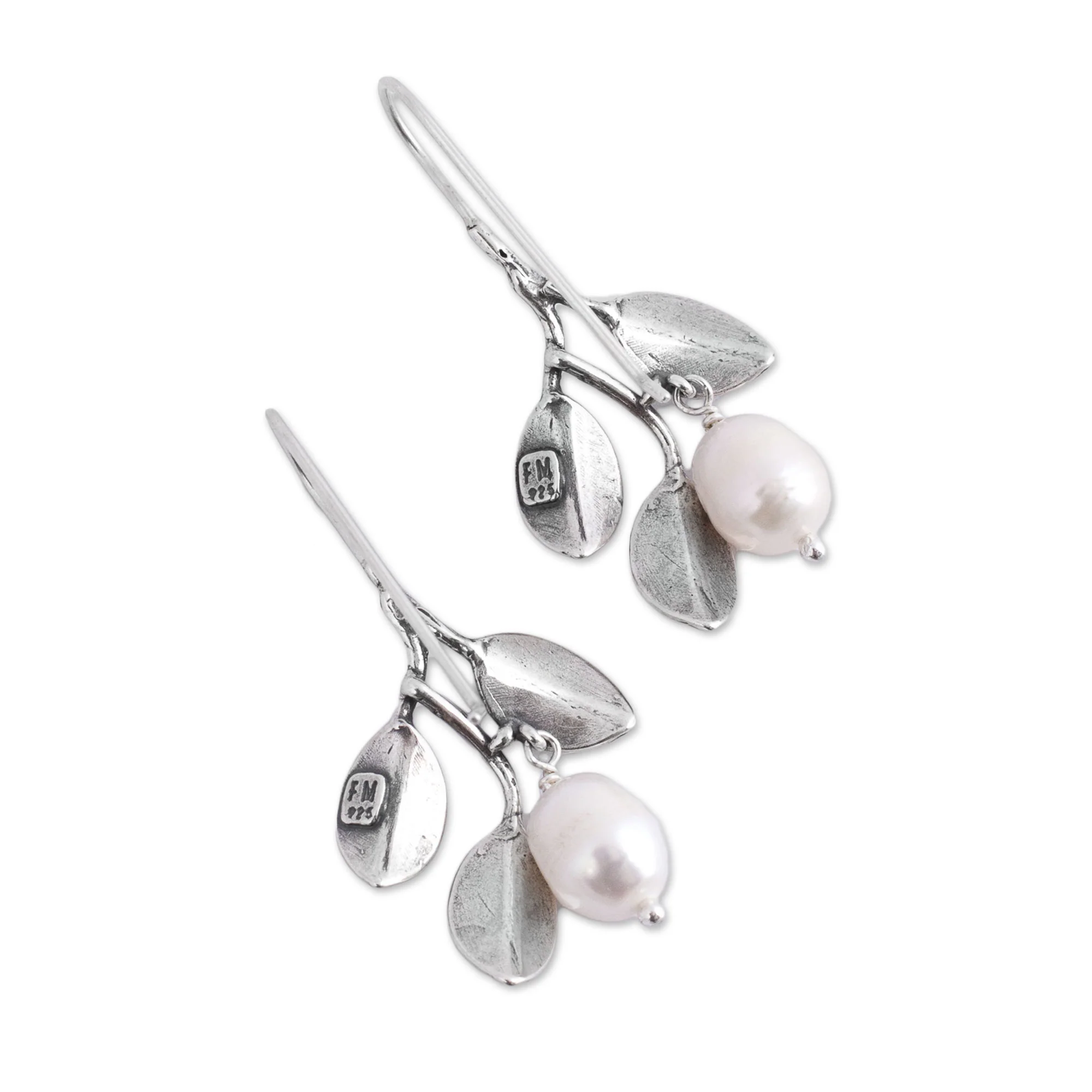 Iridescent Pears Dangle Earrings with Cultured Pearls and 925 Silver Leaves - Image 3
