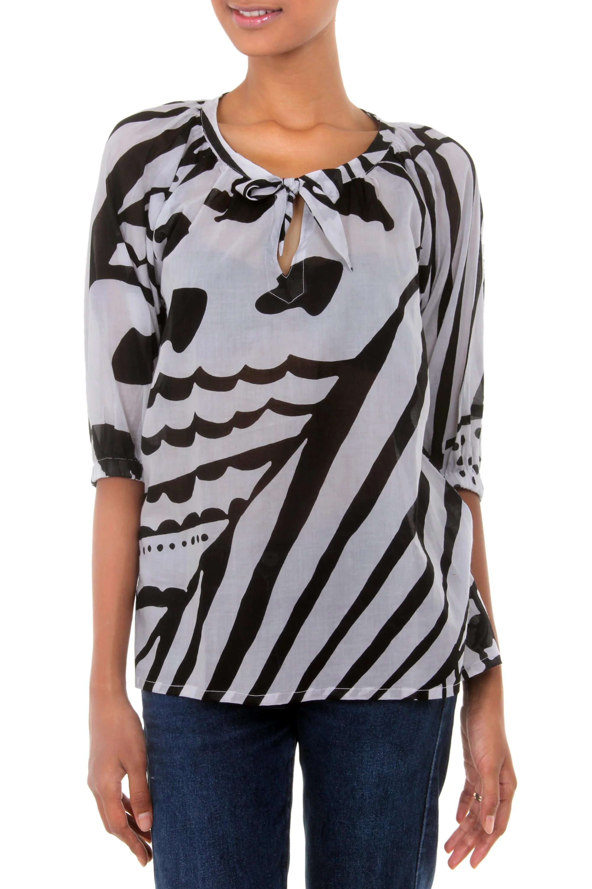 Island Life Batik Cotton Patterned Blouse in Black and White - Image 2